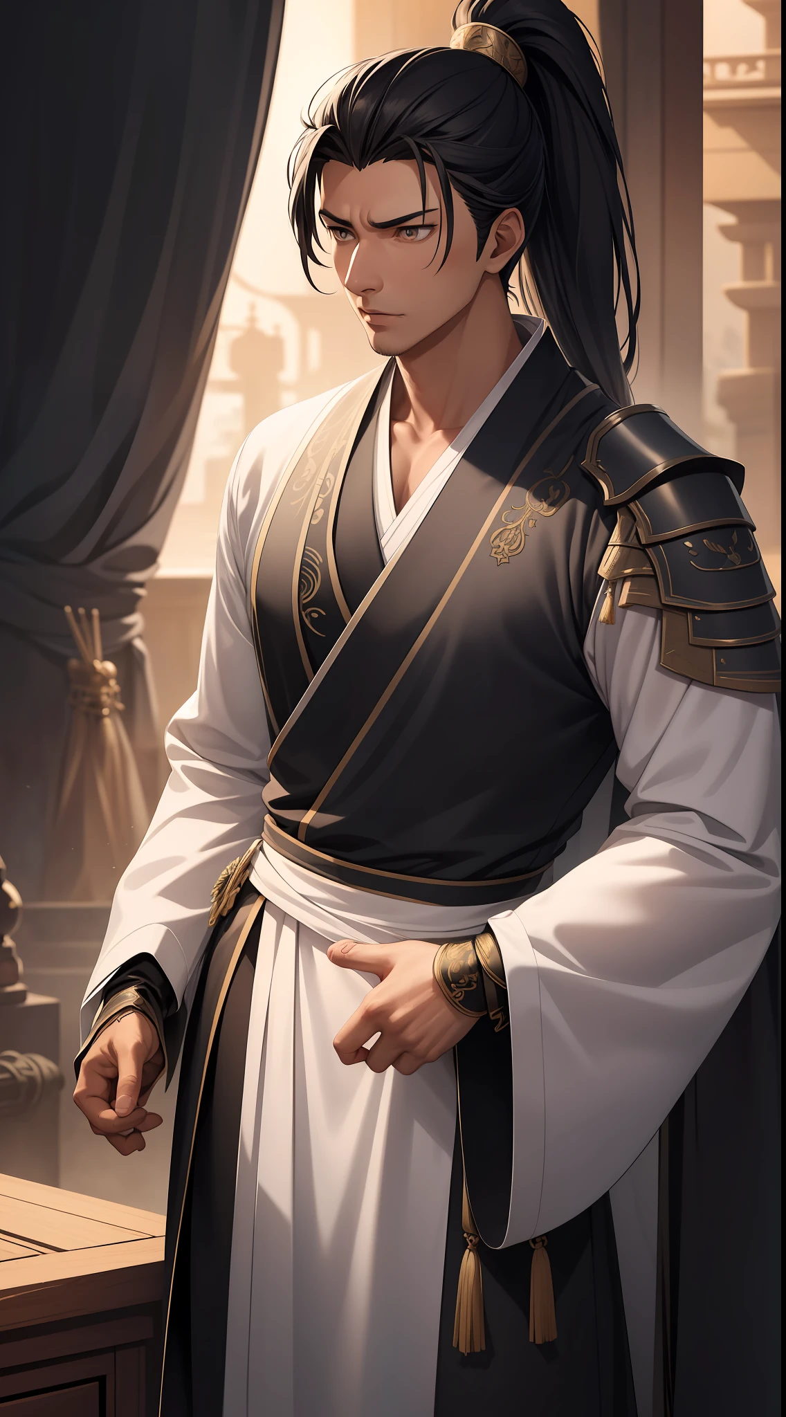 quadratic element,style of anime,mtu(Male Warrior),The proportions are correct,Face details,swordsmen,High ponytail hairstyle,Neck details,There is an Adam's apple,Black Hanfu,kaftan,black toga,clothes details,Handing over,longer sleeves,Game quality,Swordsmanship,Light and shadow tracking,Ray traching,detailed glow,cg render,hair detail,cabelos preto e longos,Black ㇏ eyes,Handsome,Handsome,(juvenile sense),Clothing is complicated,Perfectcomposition,Refinement,high qulity,higher details,Lots of details,The background is complex,a sense of atmosphere,