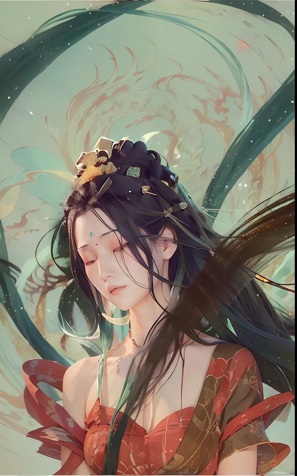 Long flowing hair,Beautiful art illustration in Dunhuang style,Li Song's digital painting style,Exudes intricate artistic inspiration,From the sleeping wolf、Guviz、Digital concept art illustration by Artgerm and Atey Ghailan,Beautiful half of the face