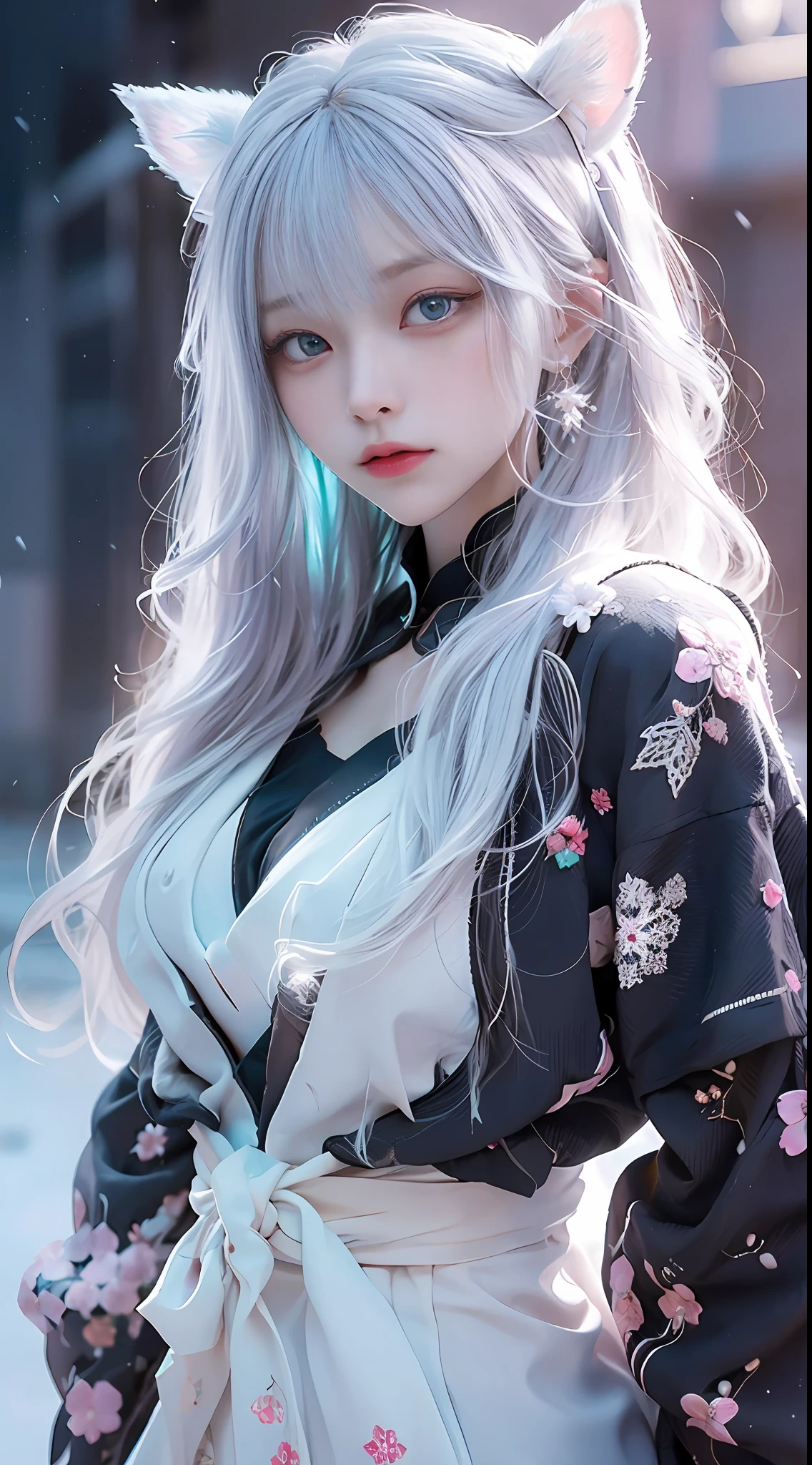 ((best qualtiy)), ((tmasterpiece)), (detail:1.4), Beautiful cyberpunk Japan woman image,sixteen years old, nffsw(HighDynamicRange),Ray traching,NVIDIA RTX,Hyper-Resolution,illusory 5,Sub-surface scattering,PBR Textures,post processed,Anisotropy Filtering,depth of fields,maximum definition and sharpness,multi-layer texture,Albedo e mapas Speculares,Surface Coloring,Mitsu-Accurate simulation of material interactions,Perfectly proportioned,rendering by octane,Two-colored light,Large aperture,Low ISO,White Balance,Rule three points、8K raw data、Beautiful bright red pupils,Off-the-shoulder clothing,Fine pupils,Light blue gradient on pure white hair,Delicate face and eyes,with round face, drooing eyes, long eyelasher,Blushlush,Delicate and fluffy hair,lip,pure,Cute face,Sweet girl,Artistic sense,Casual wear,Advanced Sense,Snowflake,flower petals,Snowflake, Briar snow background, Beautiful Hair Accessories,long hair and waist,Hair fluttering in the wind,Snow White cat ears, Curly