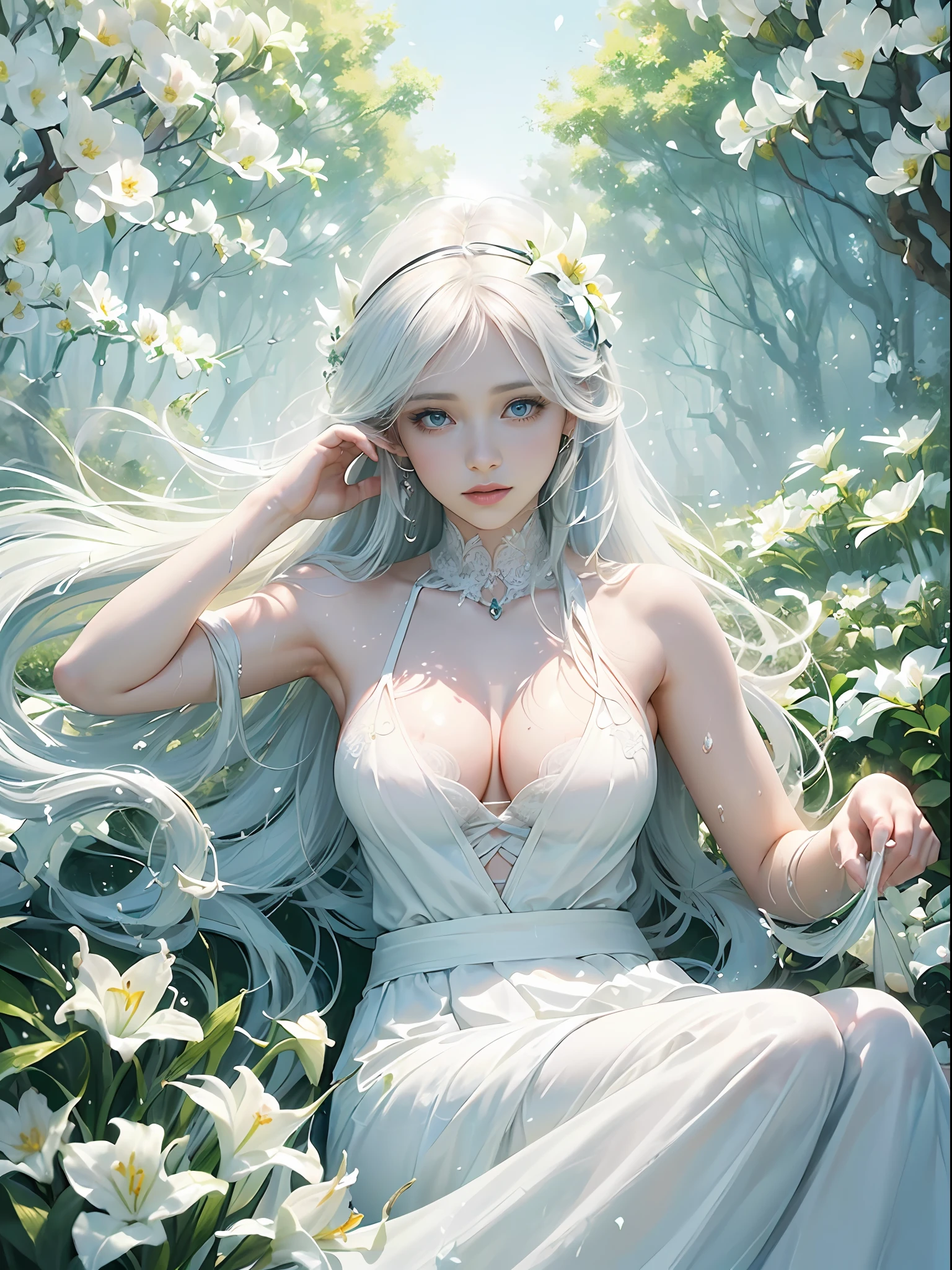 (Masterpiece:1.3] , [Best quality:1.2] (Realistic:1.3) , [Highly detailed] , offcial art, large-scale masterpiece Digital art , Detailed caricature illustration , finely detailed , A high resolution , stunning art , illustration] , (Splash background:1.5) , Simple background outline , concept-art ,  Girl , Cute _ face , Noise offset , bluntbangs , Black eyes , Black hair , mediating_breast enhancement , pool,(Pure:1.3)(serene:1.1) , (Ethereal:1.1) , (white apparel:1.3) , (Long flowing hair:1.2) , (paleskin) , (Blue eyes:1.1) ,, (Graceful) , Sit Pose , (Delicate hands) , (Tulle skirt:1.1) , (luminous) , (Soft lighting:1.3) ,(serene environment), (Garden background:1.2), (Flower petals) , (White lilies:1.2) ,(Peaceful) , (subtle glow) , (Radiant beauty).(Youthful) , (Enchanting:1.3) , (Dreamlike) ,(Whimsical) , (calm) , (Harmony) , (light breeze:1.1),(Soft shadows), (sunlight streaming:1.2) , (glimmering) , (Timeless elegance) , (Heavenly) , (Floating hair) ,(effortless grace) , (Spiritual) .(Otherworldly:1.2) , (Celestial) , (Divine), (Attractive cleavage) , (Alluring) , (devout) ,(humble) , (Compassionate) , (painting of a)(big breasts enchanting), (inspiring)