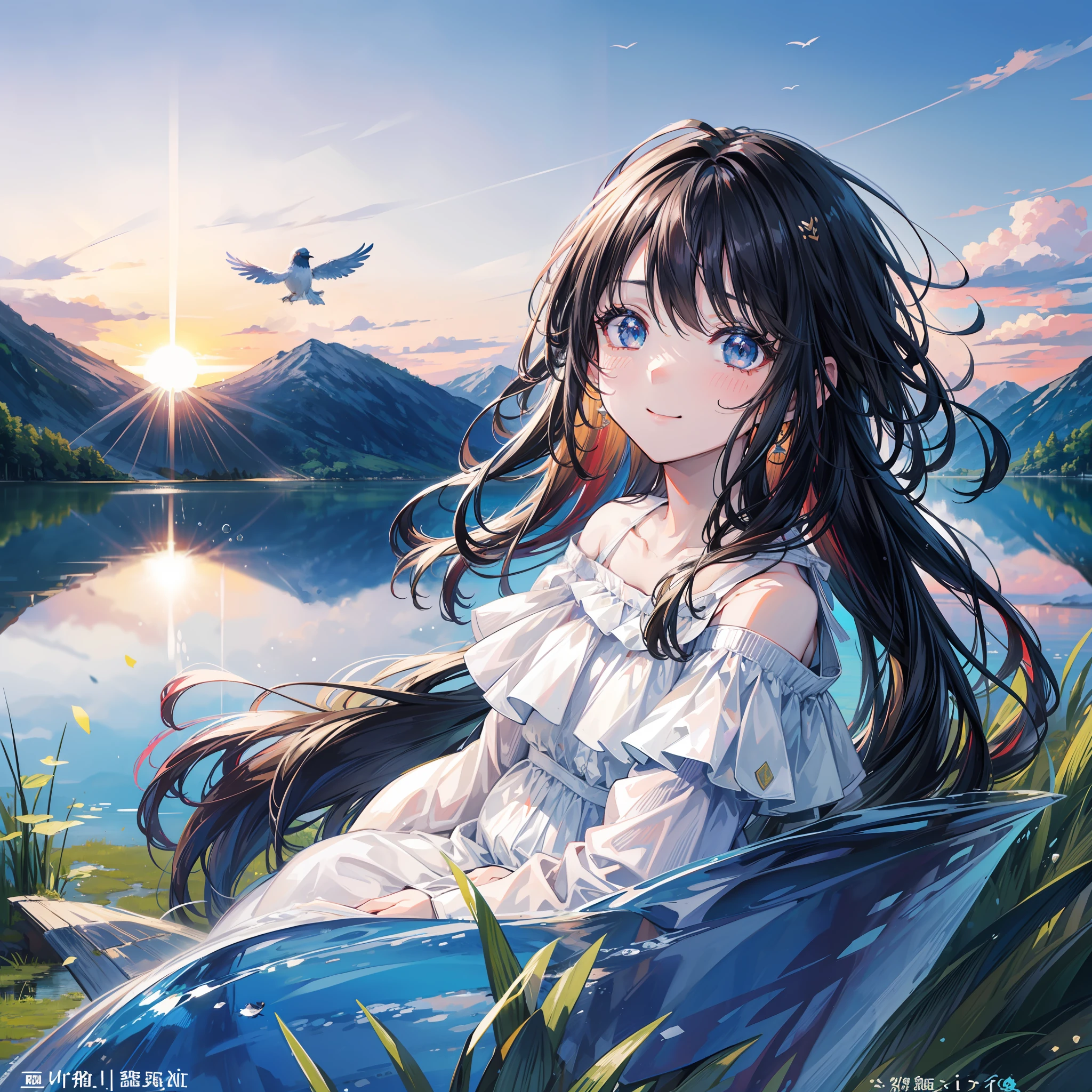 pixels、With the beautiful sunrise by the lake in the background、It is an 8K ultra-high definition illustration of a young woman sitting on a grassy field。She wears a brightly colored watermelon swimsuit、The glittering water droplets shining on the surface of the water in the light of the morning sun make her more attractive。

Her hair is in a short bob.、Black hair with colorful inner colors。Its vivid coloring is as if it reflects the sunlight.、Highlights her personality。

Blue on the lakeside meadow々And the grass spreads、A refreshing breeze blows through pleasantly。She smiled happily、I am posing like holding a watermelon with both hands。That smile really makes you feel the new energy of the morning.、It seems to cheer up the people around you.。

The morning sun is reflected on the surface of the lake、Beautiful mountains in the distance々Looks。Small birds fly around the lakeside、Ripples are making a pleasant sound。This serene landscape is、It's as if you've cut out a dreamy time。
