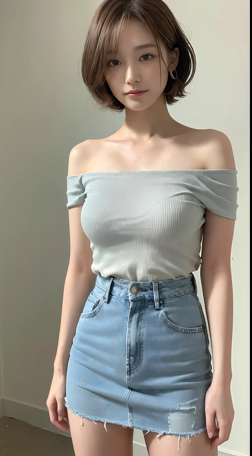 ((top-quality、8K、masterpiece:1.3))、1girl in、(Casual Hairstyles、(Very short shorthair))、、Super Detail Face、D Cup Breast、Delicat eyes、二重まぶた、A smile、Highly detailed upper body、Highly detailed lower body、(Highly detailed full-body photographs)、Highly detailed off-the-shoulder white t-shirt、Mini skirt in high detail denim material、Shoot yourself、Highly detailed arms、very detailed legs、