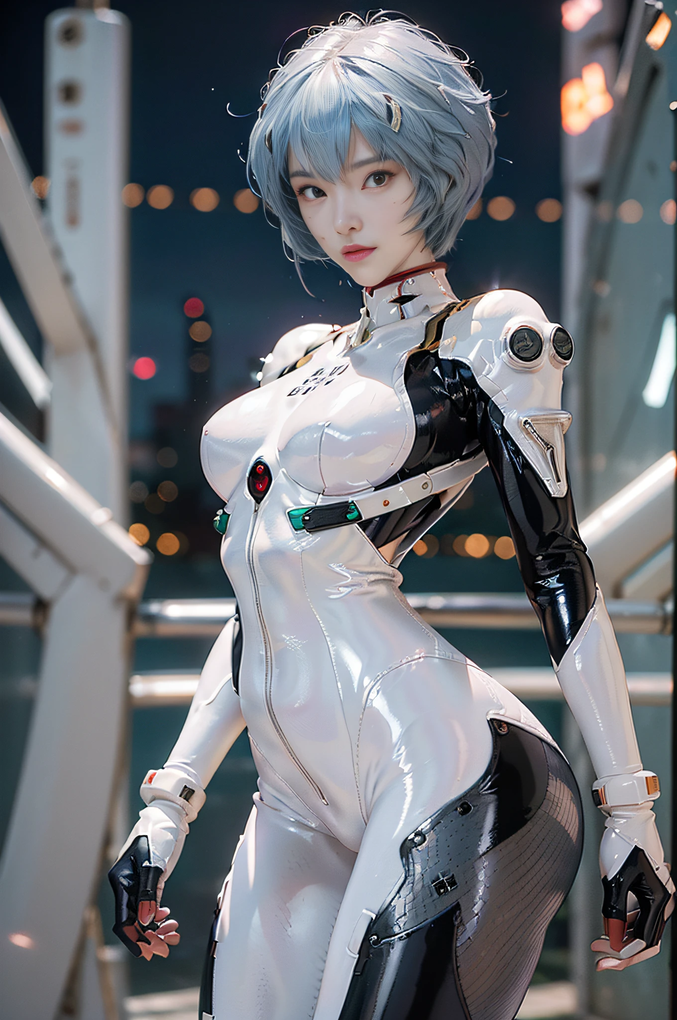 Masterpiece,NSFW1.1,((Whole body:1.1))))), (Realistic),Photos, Best Quality, 1 female,((Tall:1.1))),Ear fold,(((Rei Ayanami, Plug Suit 00:1.1))),((Red Eyes,Beautiful Face, Beautiful Eyes:1.1)))), (((Cute Face)), Wet Eyes, Face,Detail Face, Detail Lips, Detail Eyes, (Thin and Sharp Pale Eyebrows :1.1 long eyelashes), double eyelids, (seductive smile), (gentle expression, fleeting expression))),(turning sexy pose), sexy buttocks, (pearl rubber suit with strong metallic luster and smooth surface), ((sexy tight metallic shiny latex suit)))), (two thick black lines from thighs to buttocks: 1.1))), ( Movie lighting: 1.1),From below, (upright), (camelt), (sleek body line)), pale short hair, (pale thin eyebrows)), beautiful hair, (big round sexy breasts: 1.5), small logo pattern on the chest 00:1.1,mech suit, sexy thin long waist, white skin, (advanced cyberpunk research facility in the background)),(Spectacular midnight starry sky in the background : 1.5, a magnificent large full moon in the background, a spaceship in the background)))), (Face and eye details: 1.1), loneliness, blushing, (shy sexy pose)), very delicate and beautiful girl, standing, ((sexy pose with both hands on it)),(Sexy pose with closed legs)),(To8 contrast style), small egg-shaped psychosensory device on both sides of the head