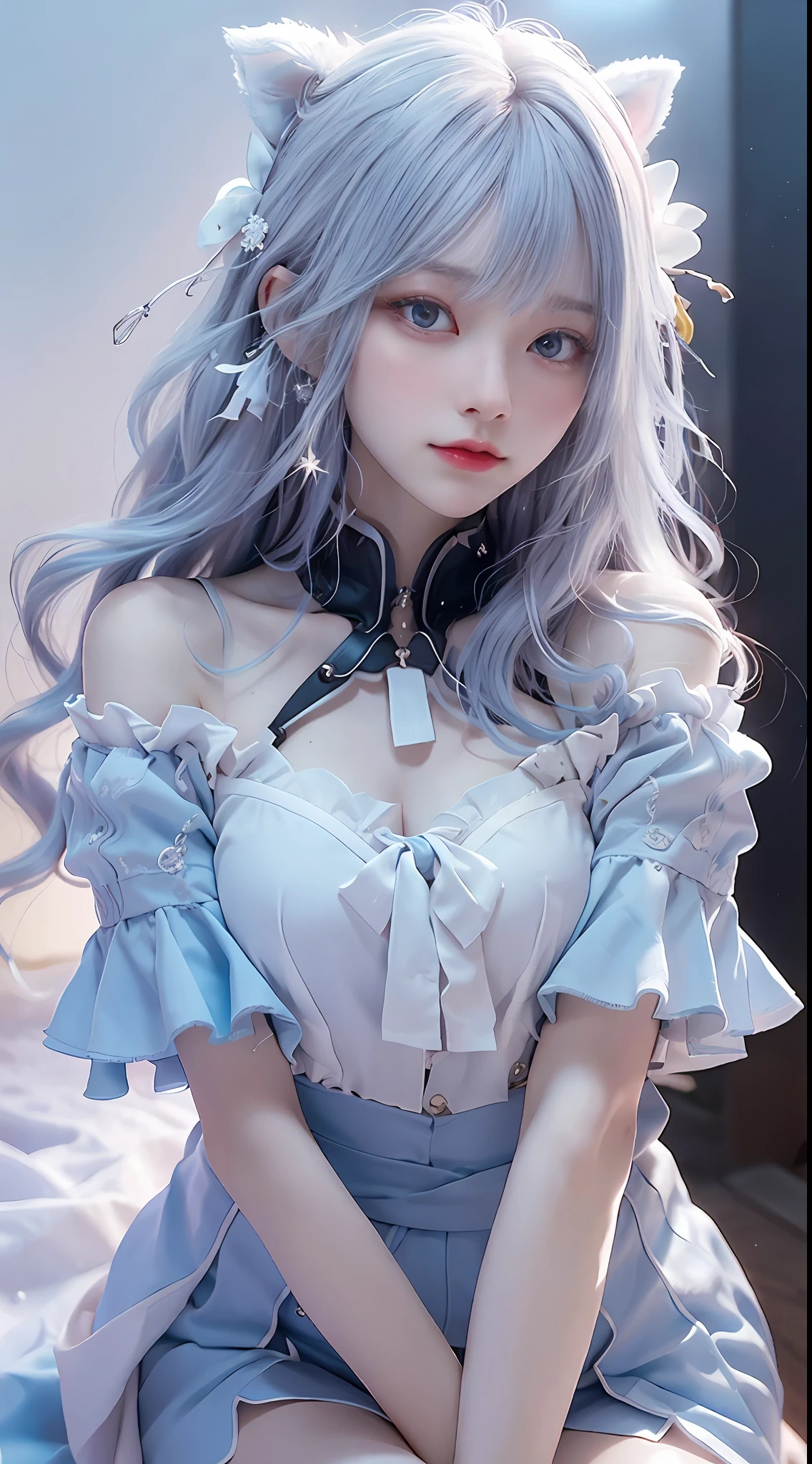 ((best qualtiy)), ((tmasterpiece)), (detail:1.4), Beautiful cyberpunk Japan woman image,sixteen years old, nffsw(HighDynamicRange),Ray traching,NVIDIA RTX,Hyper-Resolution,illusory 5,Sub-surface scattering,PBR Textures,post processed,Anisotropy Filtering,depth of fields,maximum definition and sharpness,multi-layer texture,Albedo e mapas Speculares,Surface Coloring,Mitsu-Accurate simulation of material interactions,Perfectly proportioned,rendering by octane,Two-colored light,Large aperture,Low ISO,White Balance,Rule three points、8K raw data、Beautiful bright red pupils,Off-the-shoulder clothing,Fine pupils,Light blue gradient on pure white hair,Delicate face and eyes,with round face, drooing eyes, long eyelasher,Blushlush,Delicate and fluffy hair,lip,pure,Cute face,Sweet girl,ssmile,Artistic sense,Casual wear,Advanced Sense,Snowflake,flower petals,Snowflake, Briar snow background, Beautiful Hair Accessories,long hair and waist,Hair fluttering in the wind,Snow White cat ears, Curly