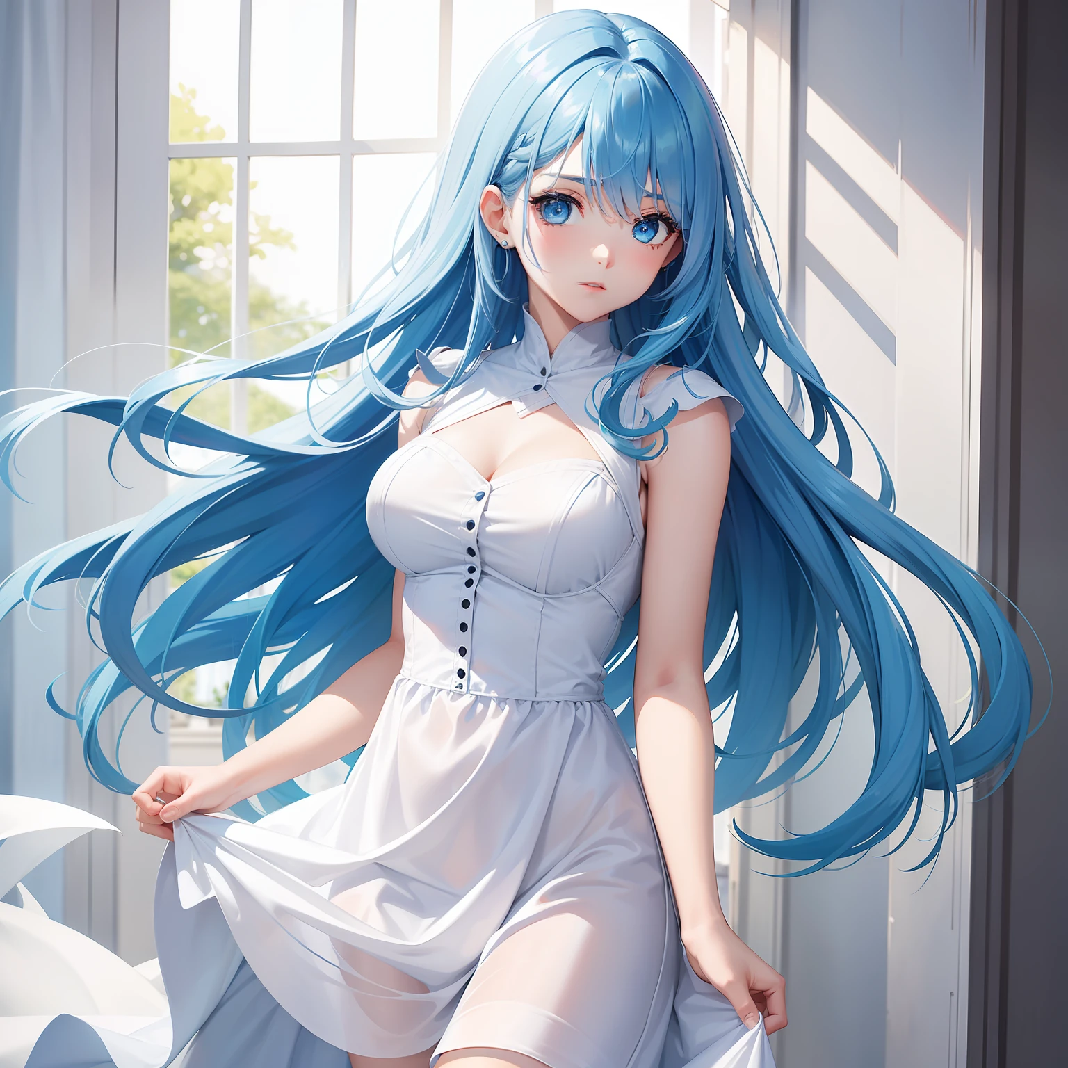 a women, blue hair, blue eyes, white dress