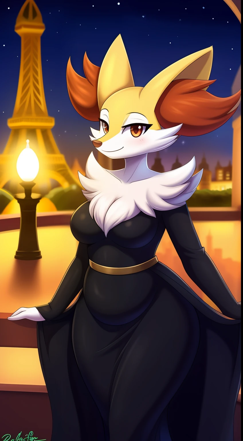 Braixen, obra maestra mejor calidad, estilo de arte de misosouperstar, de noche, publico, fondo de la torre eiffel, luz, vestido de gala negro con estrellas blancas , chubby, hermosa, joven, gafas,sonriente, nsfw, pechos medianos, caderas anchas,alegre,iluminacion hermosa,boina
