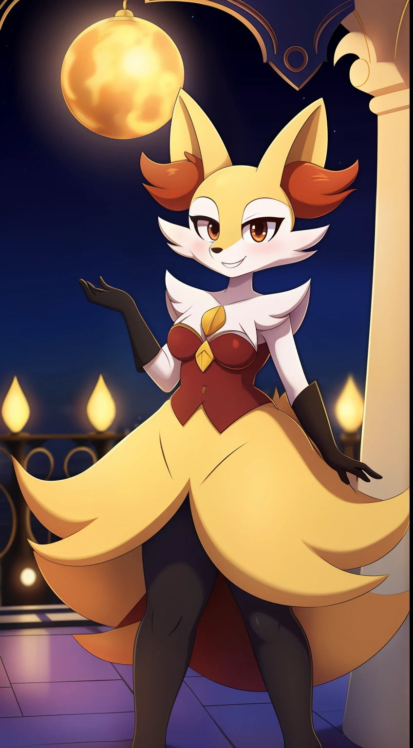 Braixen, obra maestra mejor calidad, estilo de arte de misosouperstar, de noche, publico, fondo de la torre eiffel, luz, vestido de gala negro con estrellas blancas , chubby, hermosa, joven, gafas,sonriente, nsfw, pechos medianos, caderas anchas,alegre,iluminacion hermosa,boina