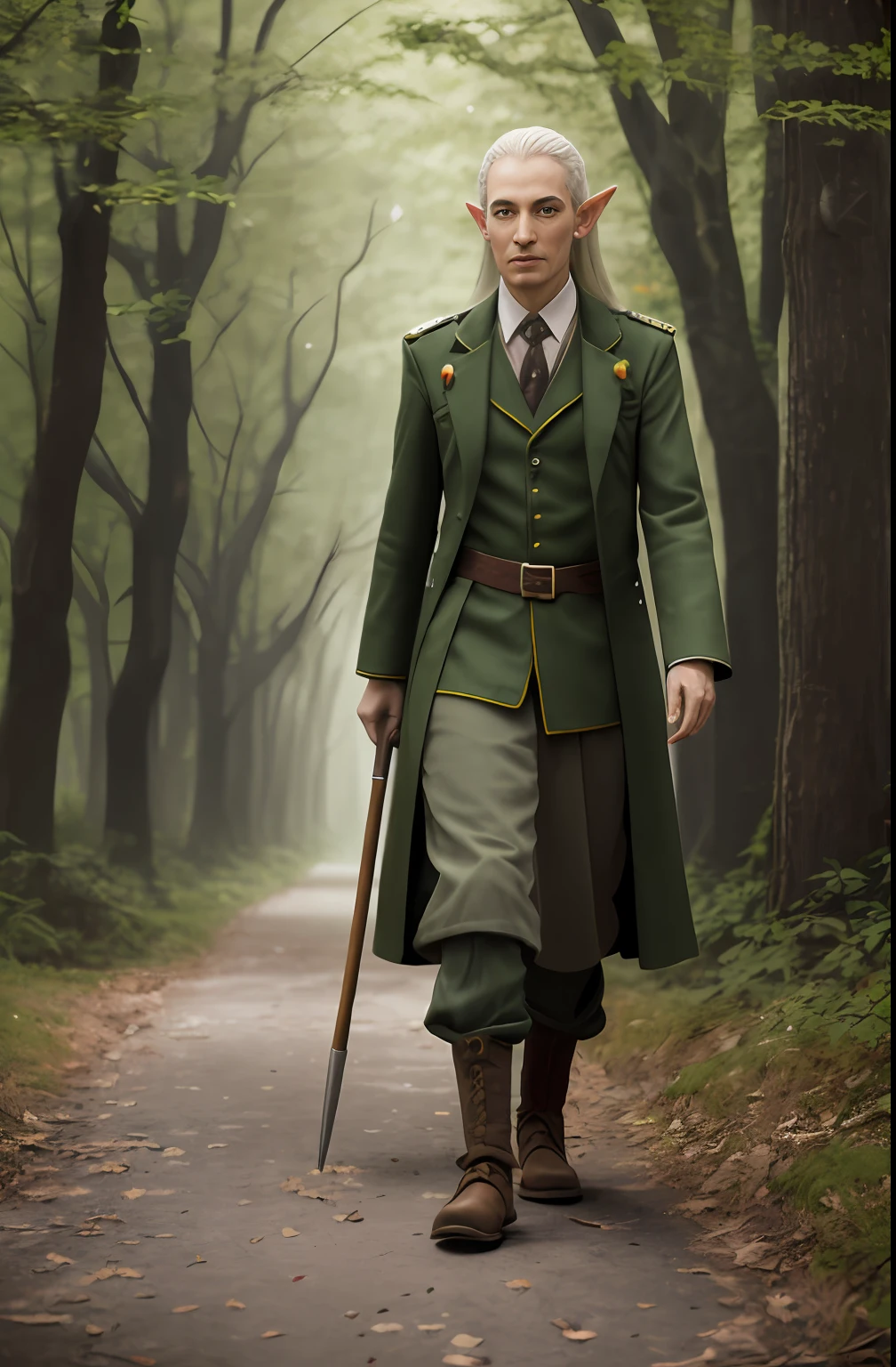 On the road stood a centenarian dressed in green。On crutches,(( portrait of an elf,)) fantasy character photo,portrait of a slender elven man, Middle-aged elves, Portrait of Lynn, Male elves, character photography, portrait of an elf, portrait of a forest mage, inspired by the senior character artist, a male elf, The wood elves, matte painting portrait shot