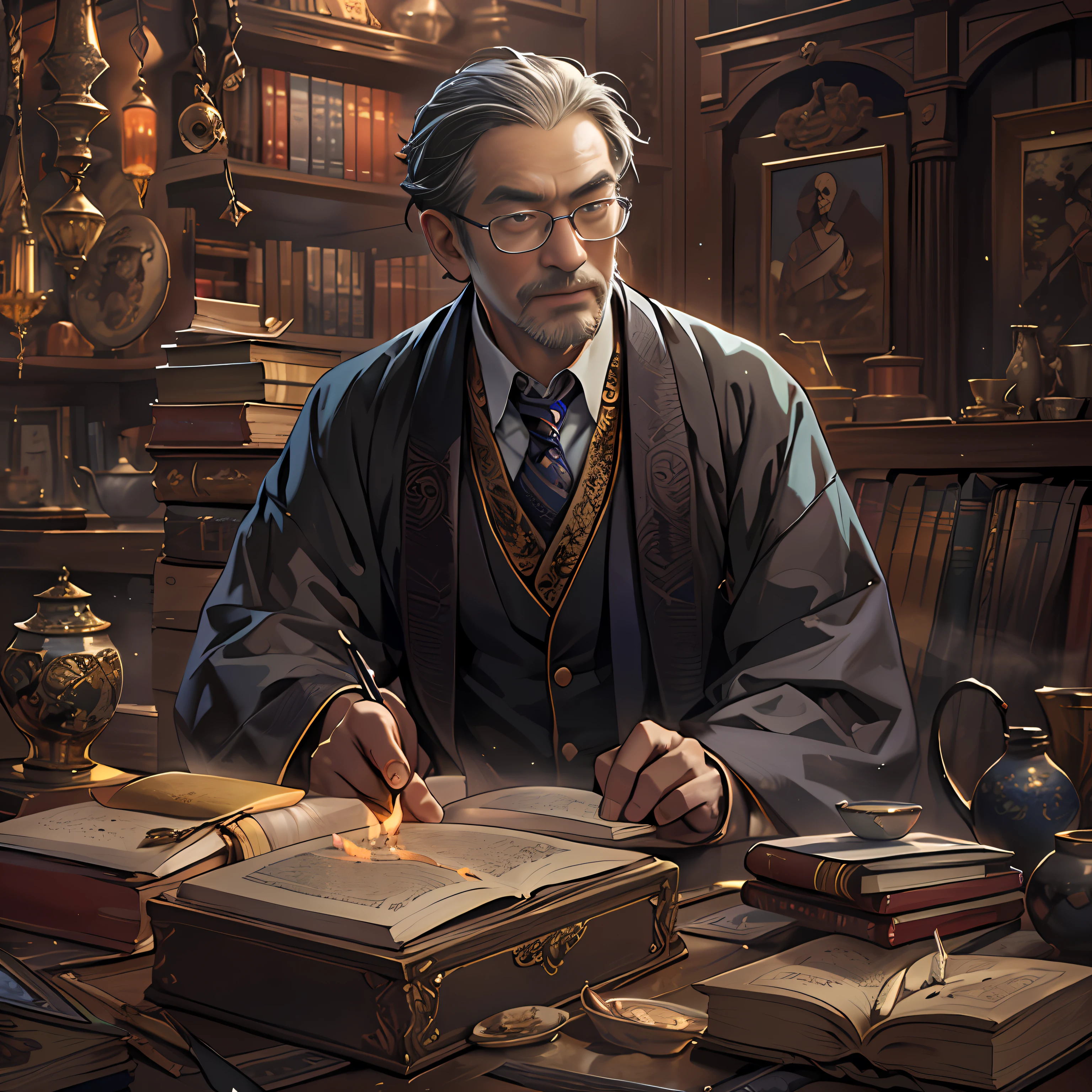 A refined middle-aged man, Professor Geng, gives up the idea of forcing me to hand over the national treasure when he sees my determined attitude. There is a hint of disappointment in his eyes, but he understands that he has to find another way. The scene is set in an elegantly decorated study, filled with various ancient books and artifacts. ,in the style of the stars art group xing xing, 32k, best quality, masterpiece, super detail, high details,