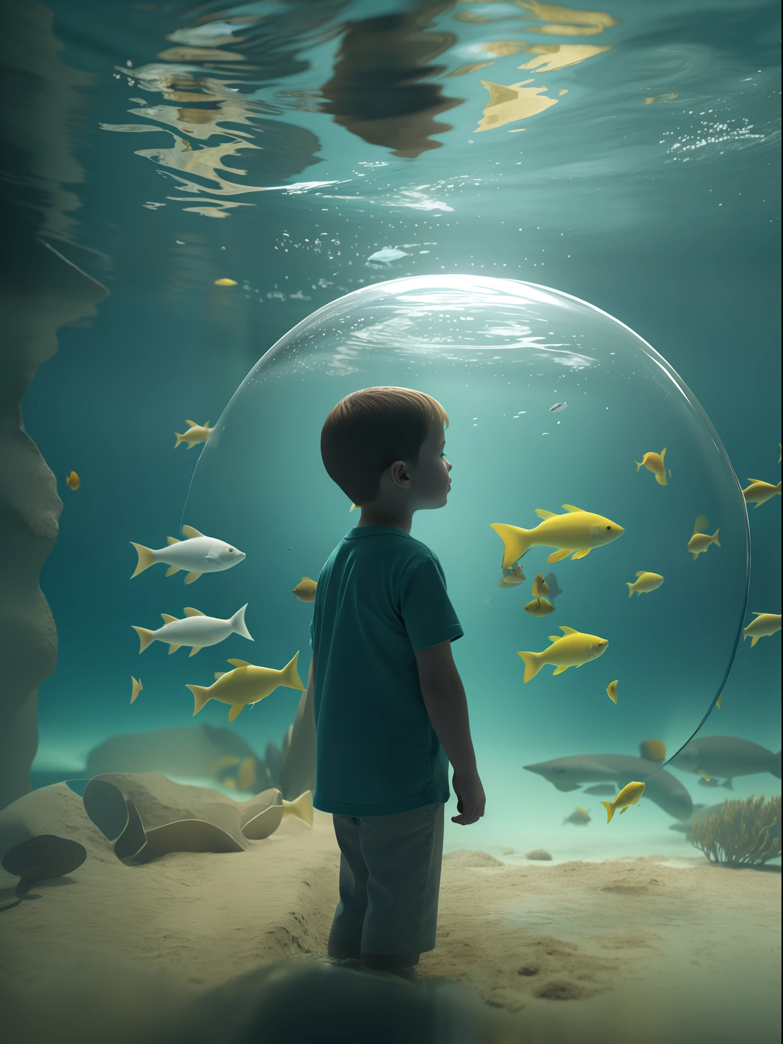 An underwater scene where fish swim, in the style of Rene Magritte, A watches in wonder from his bubble, High key lighting, Liquid Bismuth, Underwater cave, Close-up shot of the kid amidst this surreal scene, Rendered by Alec Soth with unreal engine 5, Luminism, cinematic lighting, blurry foreground, foreshortening, retina, textured skin, anatomically correct, best quality, award winning