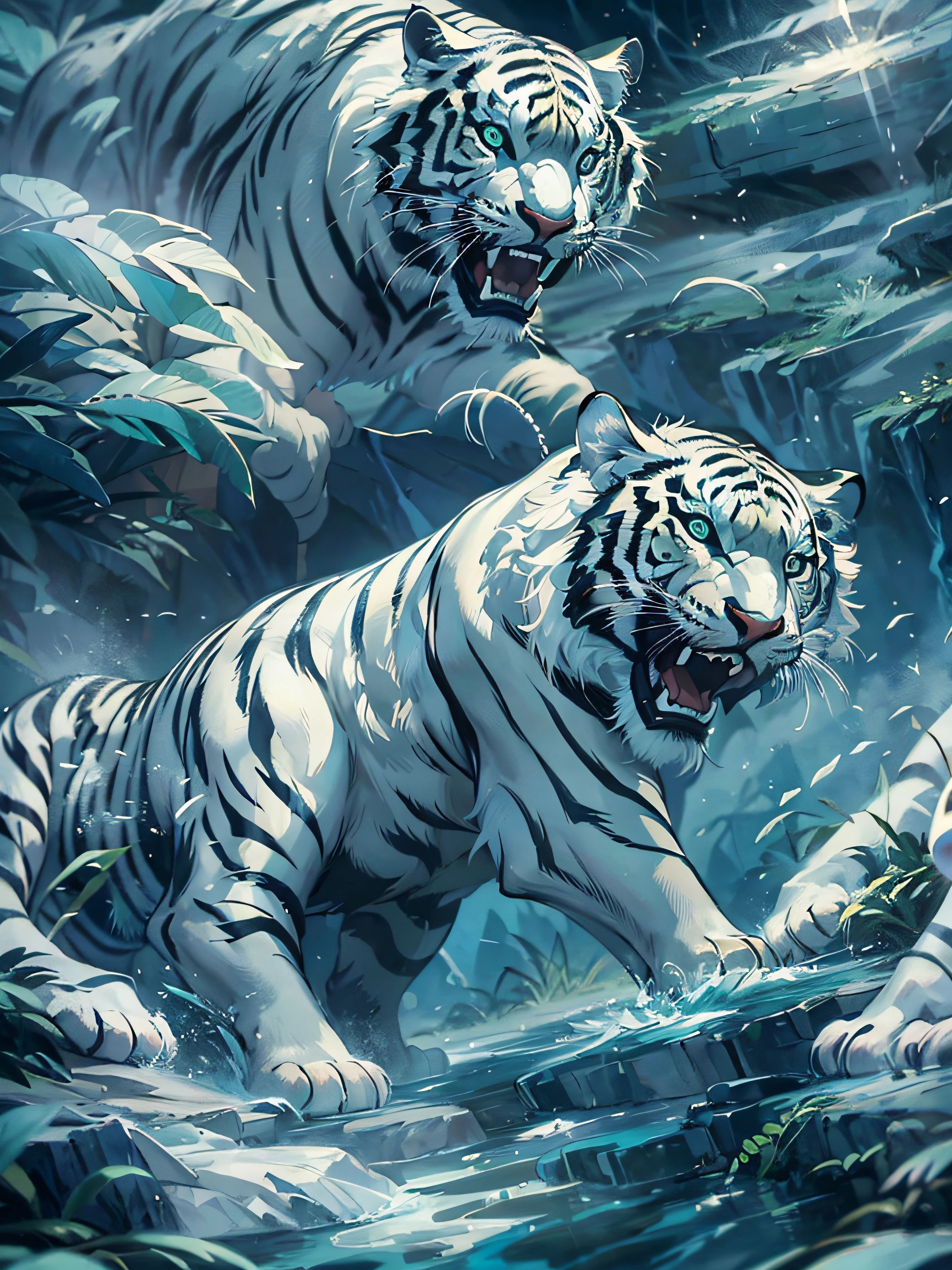 Chinese sacred White Tiger, spiritual, monster, angry, dark background, blue atmosphere, masterpiece