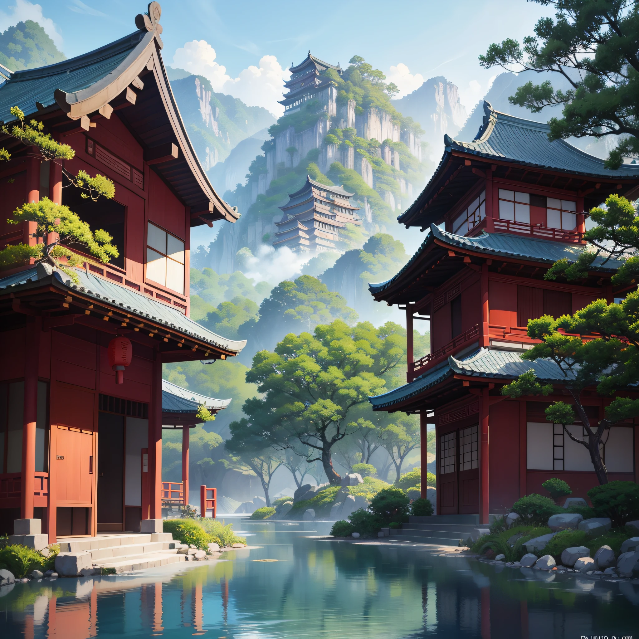 Close-up of the building,There is a pond in front, ross tran. scenery background, Rosla global lighting, by Raymond Han, A beautiful artwork illustration, lush japanese landscape, beautiful concept art, environment design illustration, andreas rocha style, Beautiful digital artwork, author:Fan Qi, inspired by Andreas Rocha, beautiful digital painting, author:Chen Jiesheng