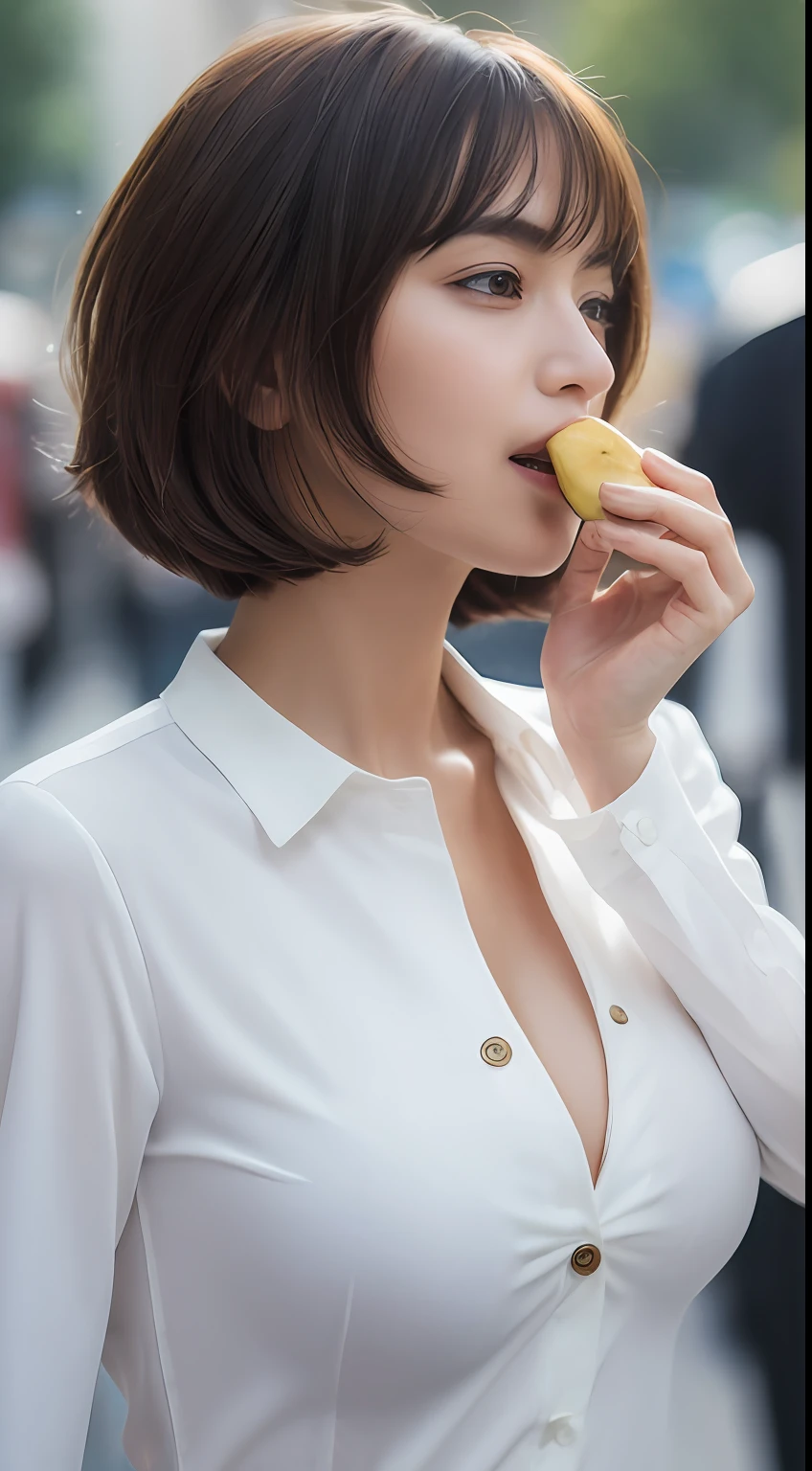 ((Best quality, 8k, Masterpiece: 1.3)), Sharp focus: 1.2, A pretty woman with perfect figure: 1.4, Slim abs: 1.2, ((Layered haircut, Big breasts: 1.2)), (White long shirt with white buttons: 1.1), (Rain, Street: 1.2), Wet body: 1.5, Highly detailed face and skin texture, Detailed eyes, eating a banana