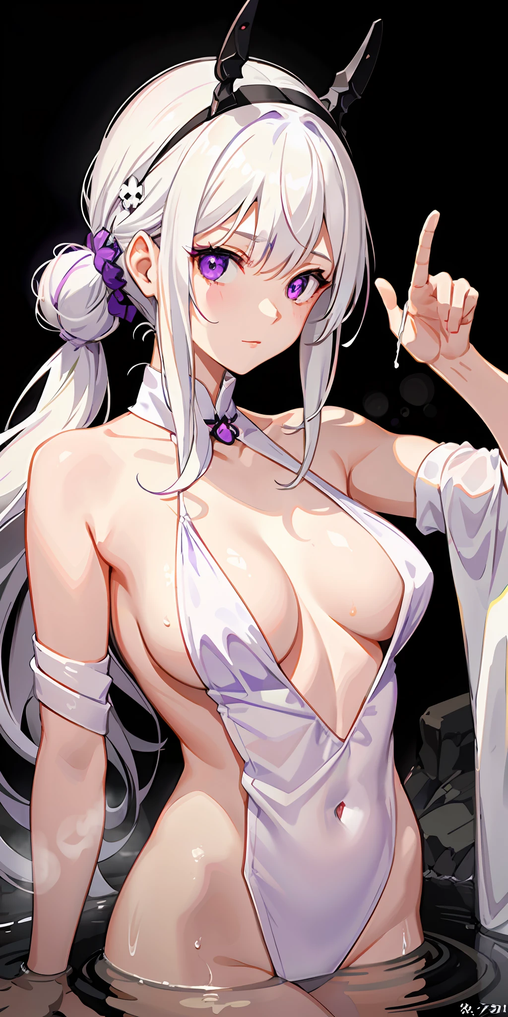 1girl, White hair, Purple eye, sportrait, photorealestic, Penetrating sight towel, (onsen), sidelighting, wallpaper, nsfw,Call husband,Royal sister,