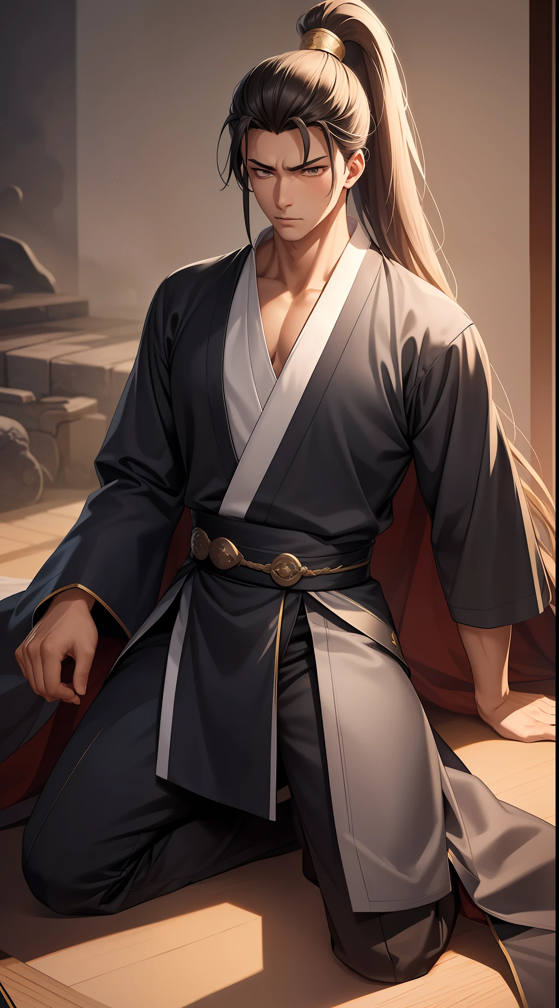 quadratic element,style of anime,mtu(Male Warrior),The proportions are correct,Face details,swordsmen,High ponytail hairstyle,Neck details,There is an Adam's apple,Black Hanfu,kaftan,black toga,clothes details,Handing over,longer sleeves,Game quality,Swordsmanship,Light and shadow tracking,Ray traching,detailed glow,cg render,hair detail,cabelos preto e longos,Black ㇏ eyes,Handsome,Handsome,(juvenile sense),Clothing is complicated,Perfectcomposition,Refinement,high qulity,higher details,Lots of details,The background is complex,a sense of atmosphere,
