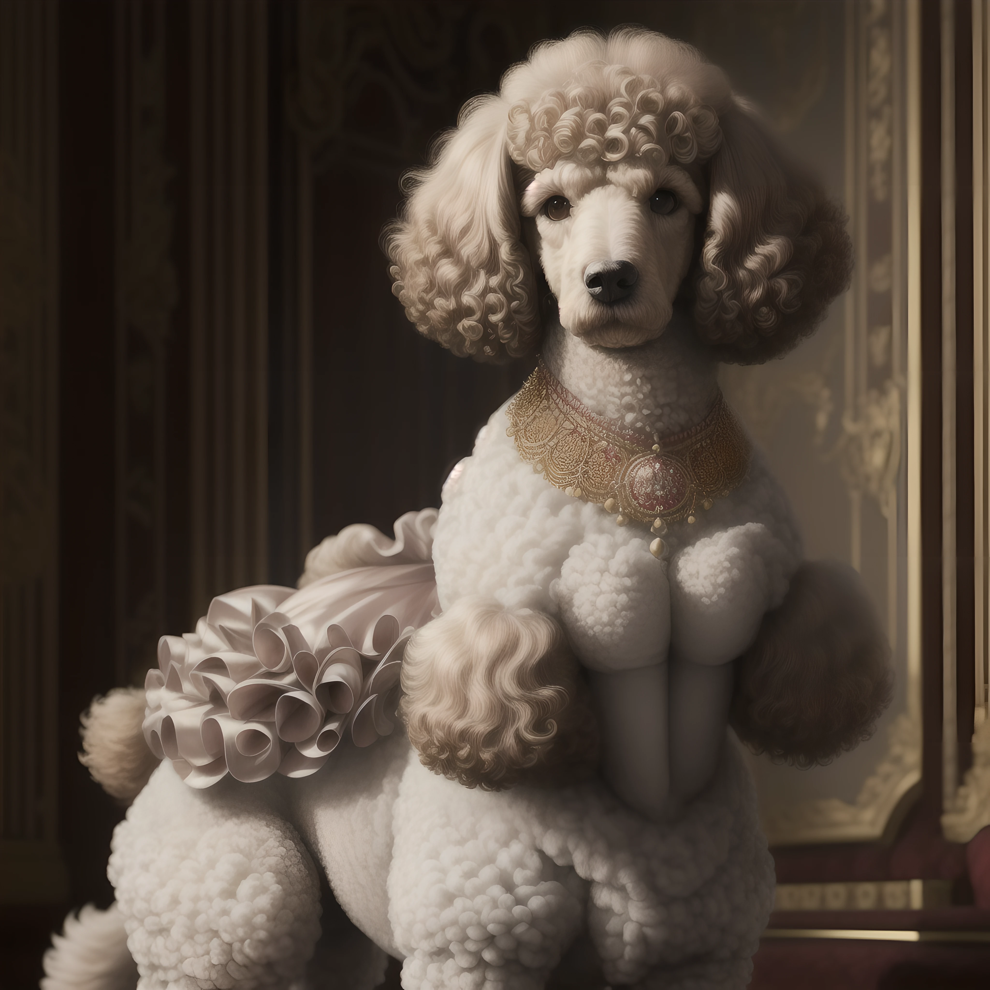 poodle, noble, Elegance, Luxurious nekfrill attire, Aristmood, Aristocratic background, ultra-definition, masterpiece, super detaill, extremely high quality, The ultra-Highres, 8k, HDR, Ultra-high-definition CG, Sharp focus, precisely anatomy, fine art, Very clear background, sole, Creative, Sharp every detail,