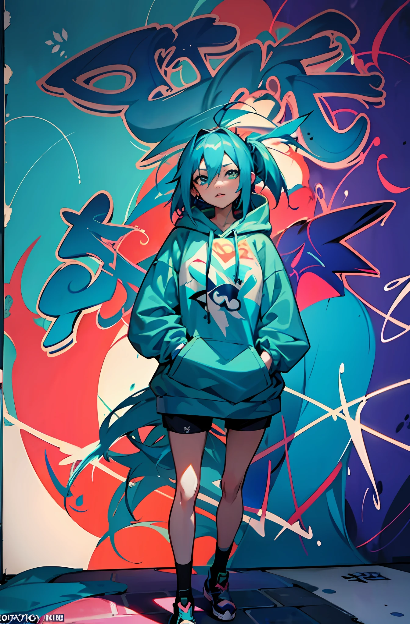 Alafed image of blue-haired and hoodie woman standing in front of graffiti wall, an anime drawing by Yuumei, trending on pixiv, Graffiti, anime art wallpaper 4k, anime art wallpaper 4k, Anime art wallpaper 8k, anime style 4 k, Anime girl with teal hair, 4 k manga wallpaper, anime wallpaper 4k