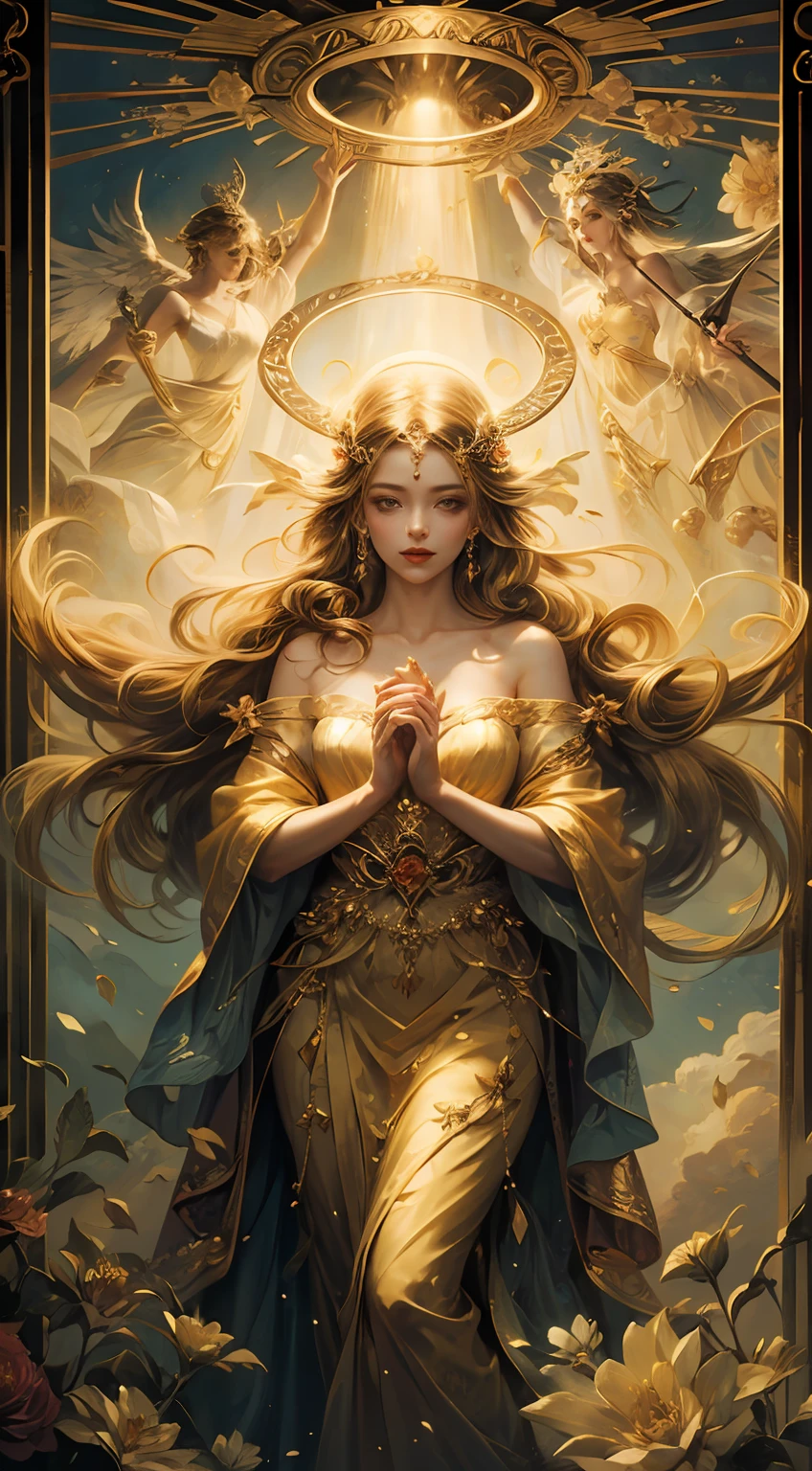 (goddess of love) beautiful, ethereal, radiant, divine, flowing gown, golden halo, soft curls, vibrant flowers, gentle breeze, heavenly aura
