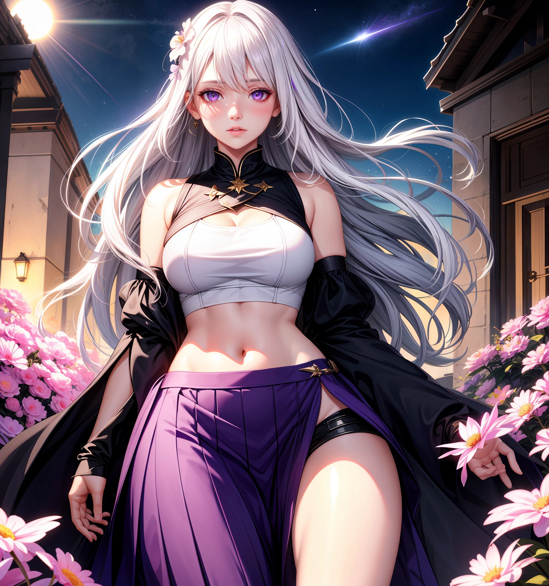realistic, 1girl, white hair, purple eyes, glowing eyes, crop top, skirt, parted lips, blush, night, flowers, sun, sunlight,