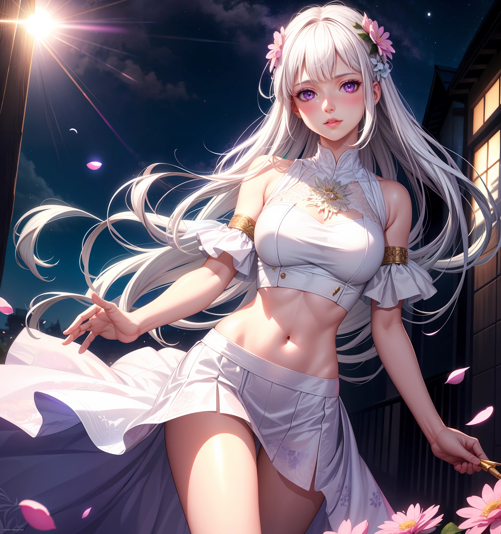 realistic, 1girl, white hair, purple eyes, glowing eyes, crop top, skirt, parted lips, blush, night, flowers, sun, sunlight,