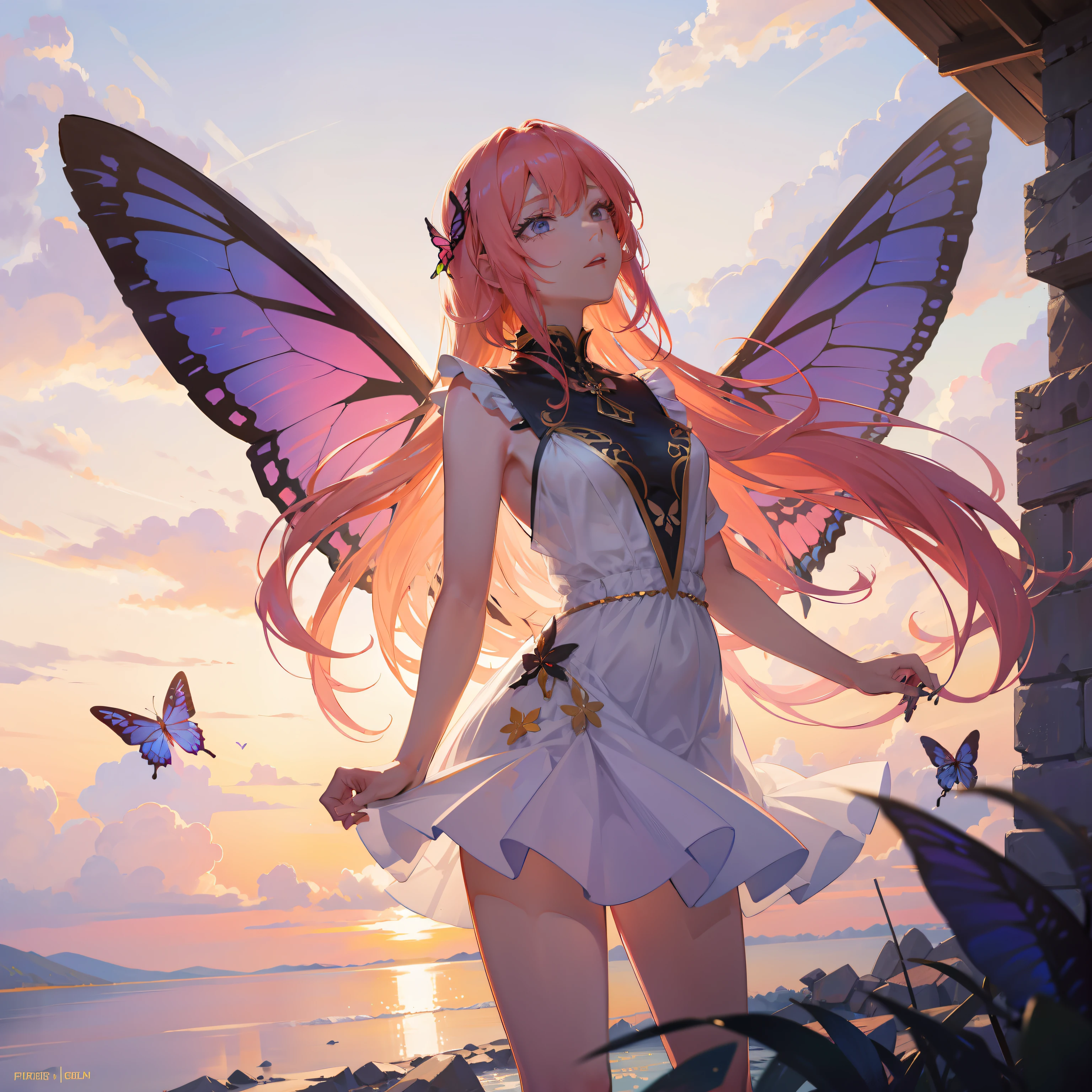 a pregirl，Butterfly wings fluttering，flowing short dress，Hair flutters in the sky，Colorful costumes，Gorgeous hair color，at dusk at golden hour，Sunlight shines on the hair，Presented with extreme sophistication，Ultra-high resolution detail，It's a masterpiece。
