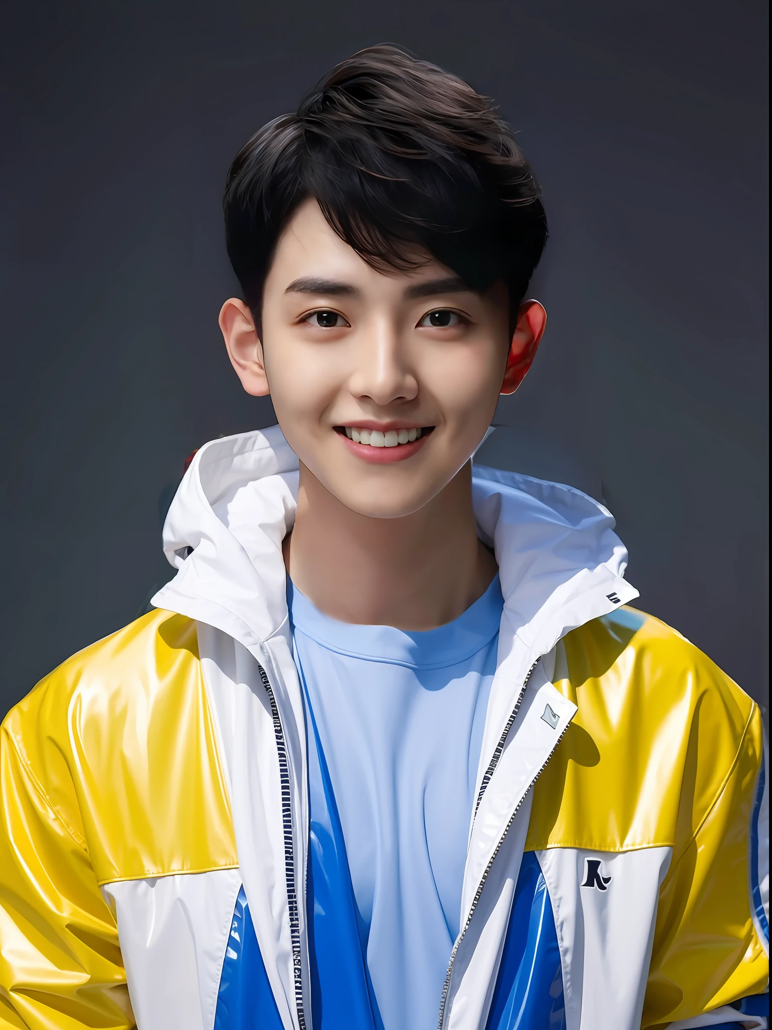 A Chinese male high school student,Wear PVC color casual sportswear,