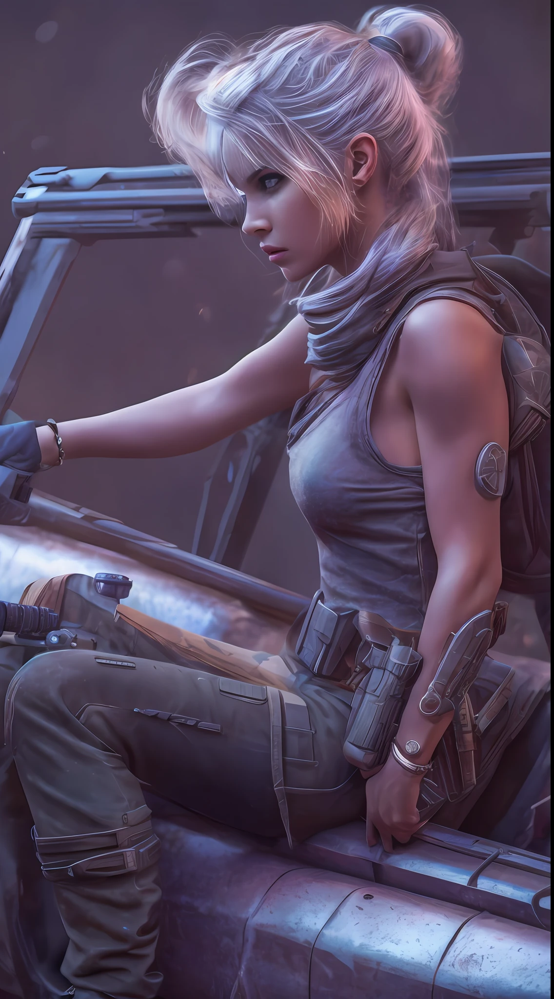 beautiful sniper girl , on the jeep, silver hair, split ponytail, Conceptual art, best photo shot, glowing light, realistic, UHD, textured skin, masterpiece, anatomically correct, best quality, 8k, full body,