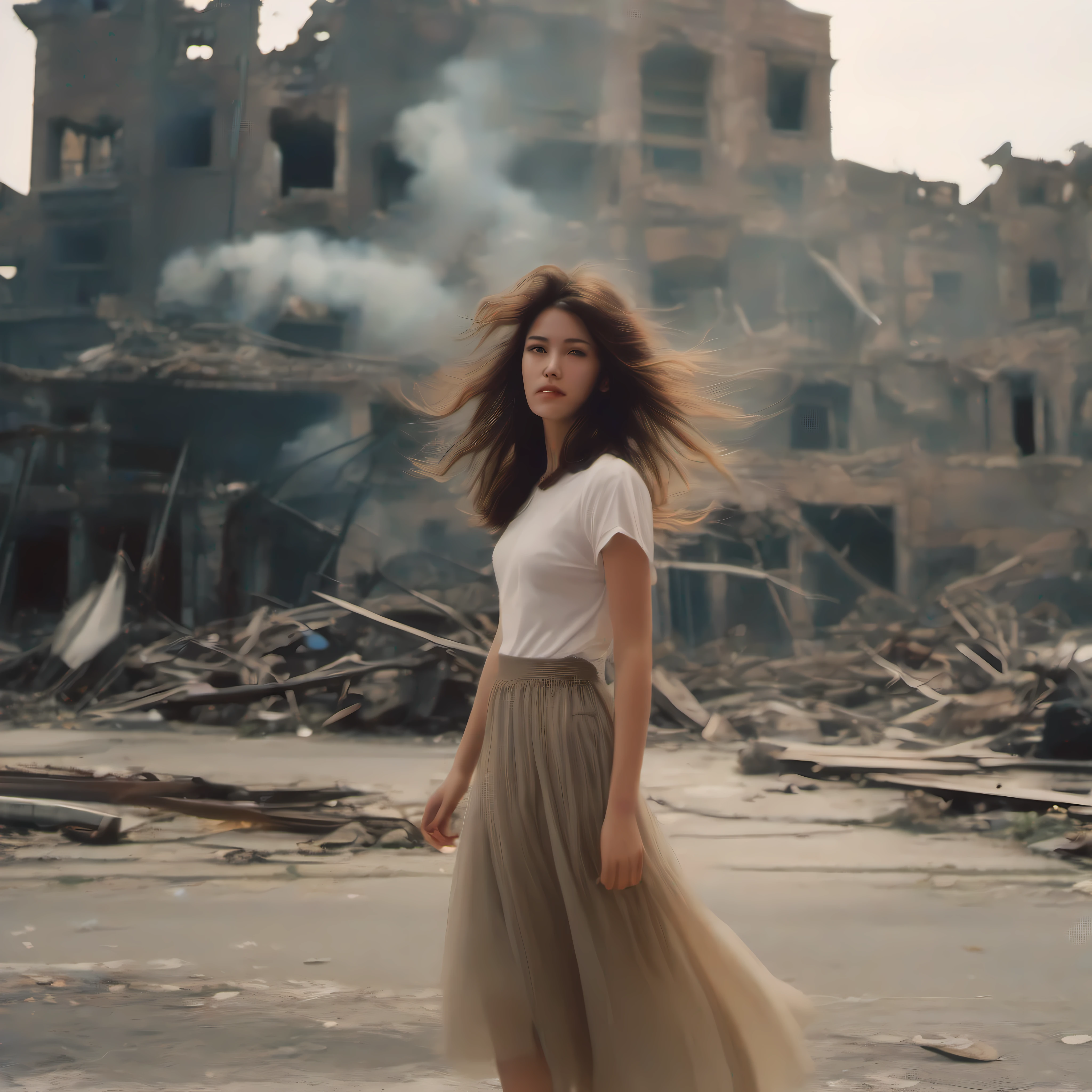 A brown-haired girl stands on the street left behind by the ruins,Hair and skirt corners flutter in the wind。Smoke in the background，There are planes flying in the sky。