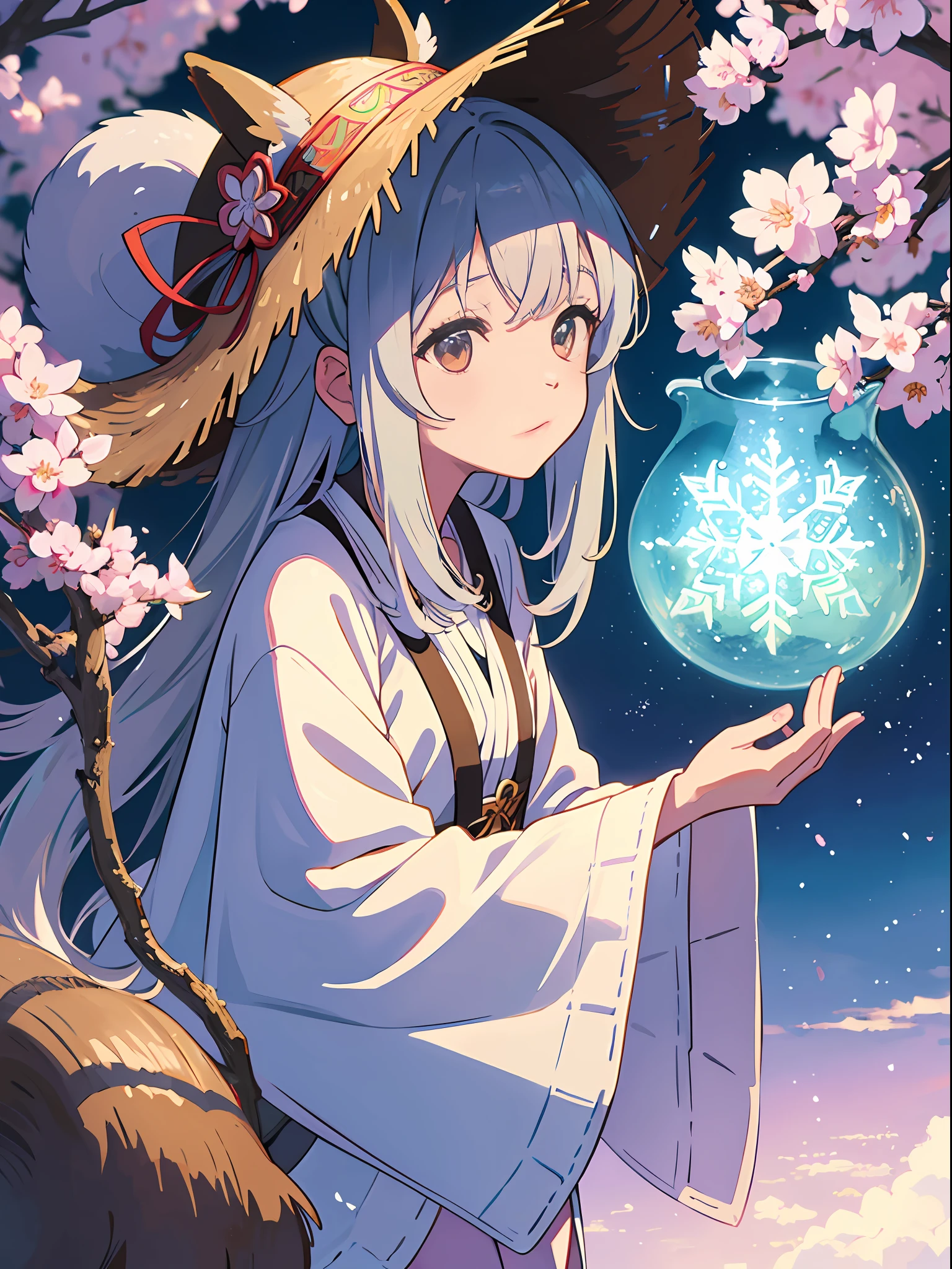 ((8K、​masterpiece、top-quality))、Sumi-e、ink and watercolor painting、the witch、Silver eyes、Silvery hair、Traditional costumes、Tanuki ears、Tanuki tail、sidelong glance、Beautiful light reflection、lensflare、Seasonal geometric patterns、Sakura blizzard、hortensia、Colored leaves、Snowflake、natural、the golden ratio、pastels、Soothing、Soft tones