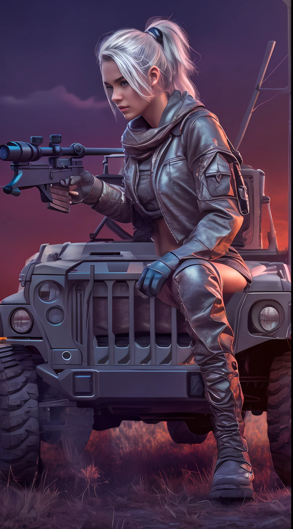 beautiful sniper girl , on the jeep, silver hair, split ponytail, Conceptual art, best photo shot, glowing light, realistic, UHD, textured skin, masterpiece, anatomically correct, best quality, 8k, full body,