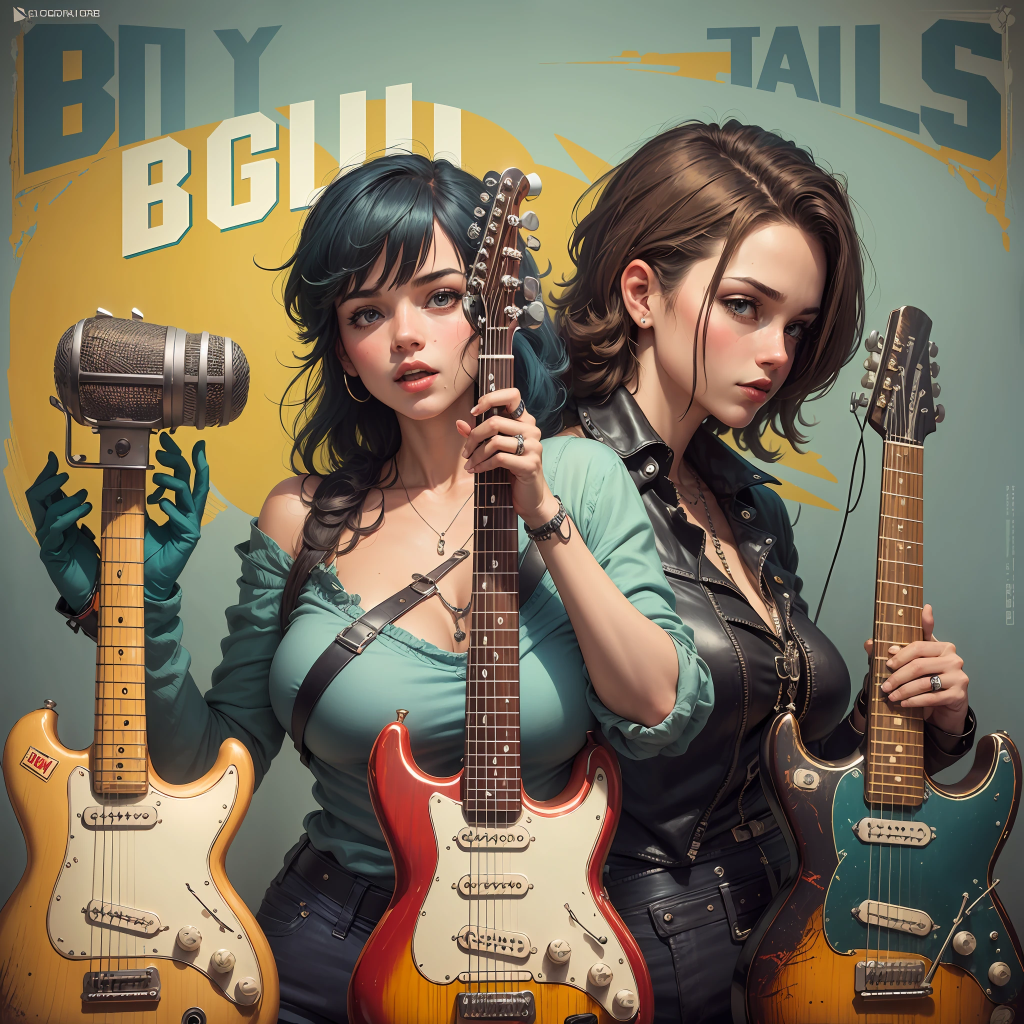(best quality, masterpiece, ultra-detailed details),poster, radio show, blues,rock'n'roll,vintage,try using a background with colorful poster style. Add nostalgic elements such as vintage microphone, guitars, musical notes, to give the poster a sonic feel. Use bold, retro-style fonts to add personality and give the poster a rock 'n' roll feel to it. Put male character and real person to the musical style of the blues