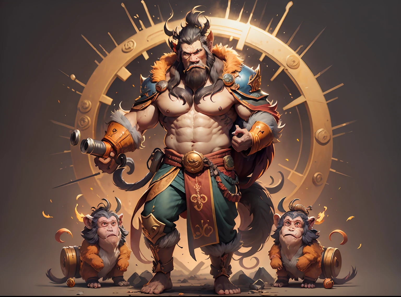 clew:Three View,full body shot shot,Game character design,Monkey King carrying a howitzer,large ear,Gluttonous and greasy,Dark series,Lunette de soleil,Orange background,--AR 16:12 - Style expression
