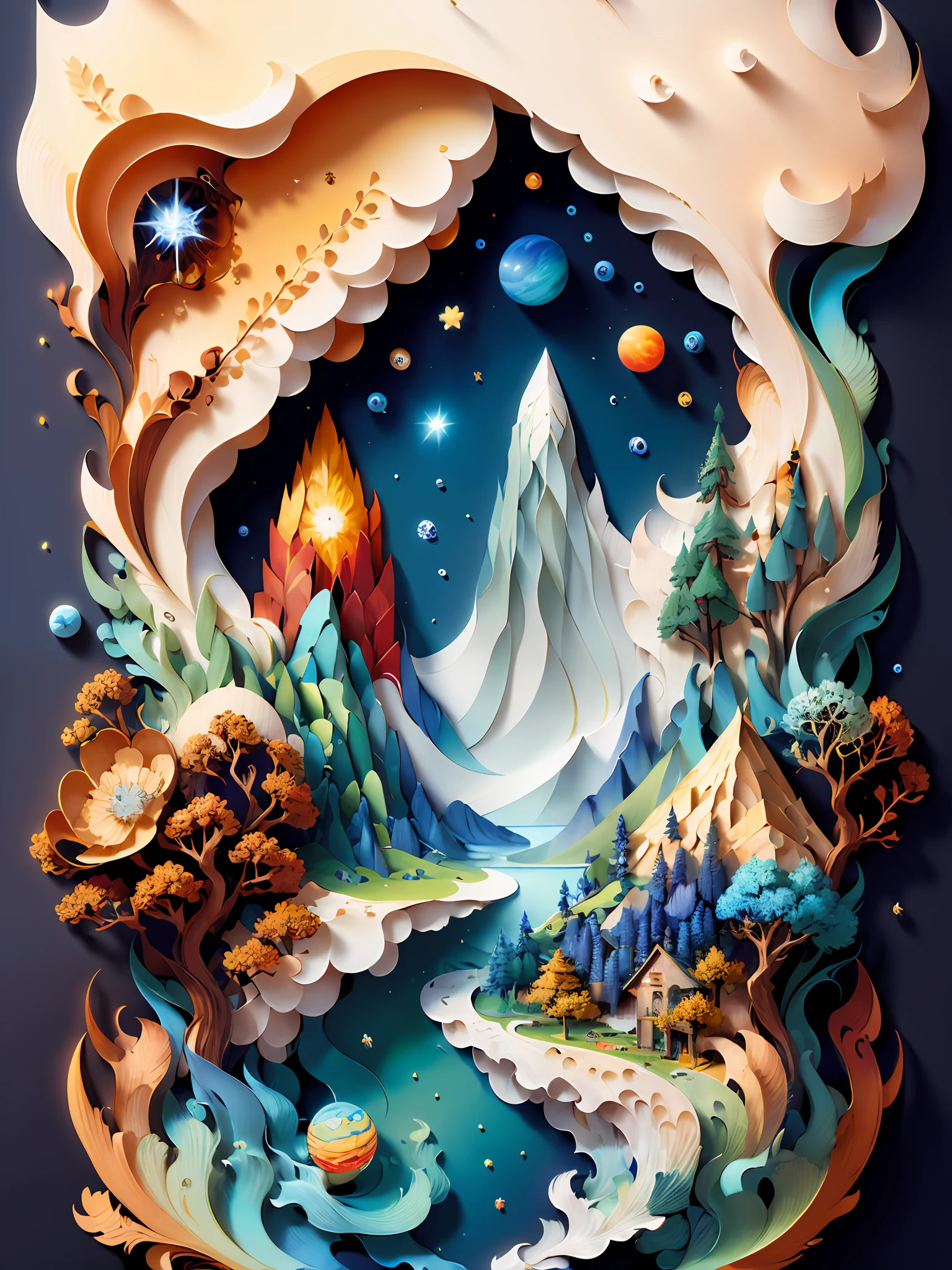 (((masterpiece))),best quality, illustration, earth, water ,fire, wind , space  , paper_cut,