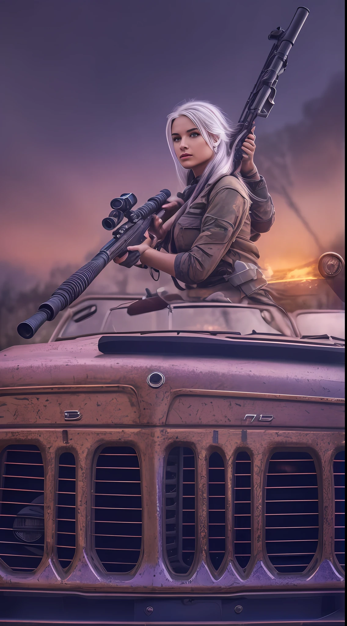 beautiful sniper girl , on the jeep, silver hair, split ponytail, Conceptual art, best photo shot, glowing light, realistic, UHD, textured skin, masterpiece, anatomically correct, best quality, 8k, full body,