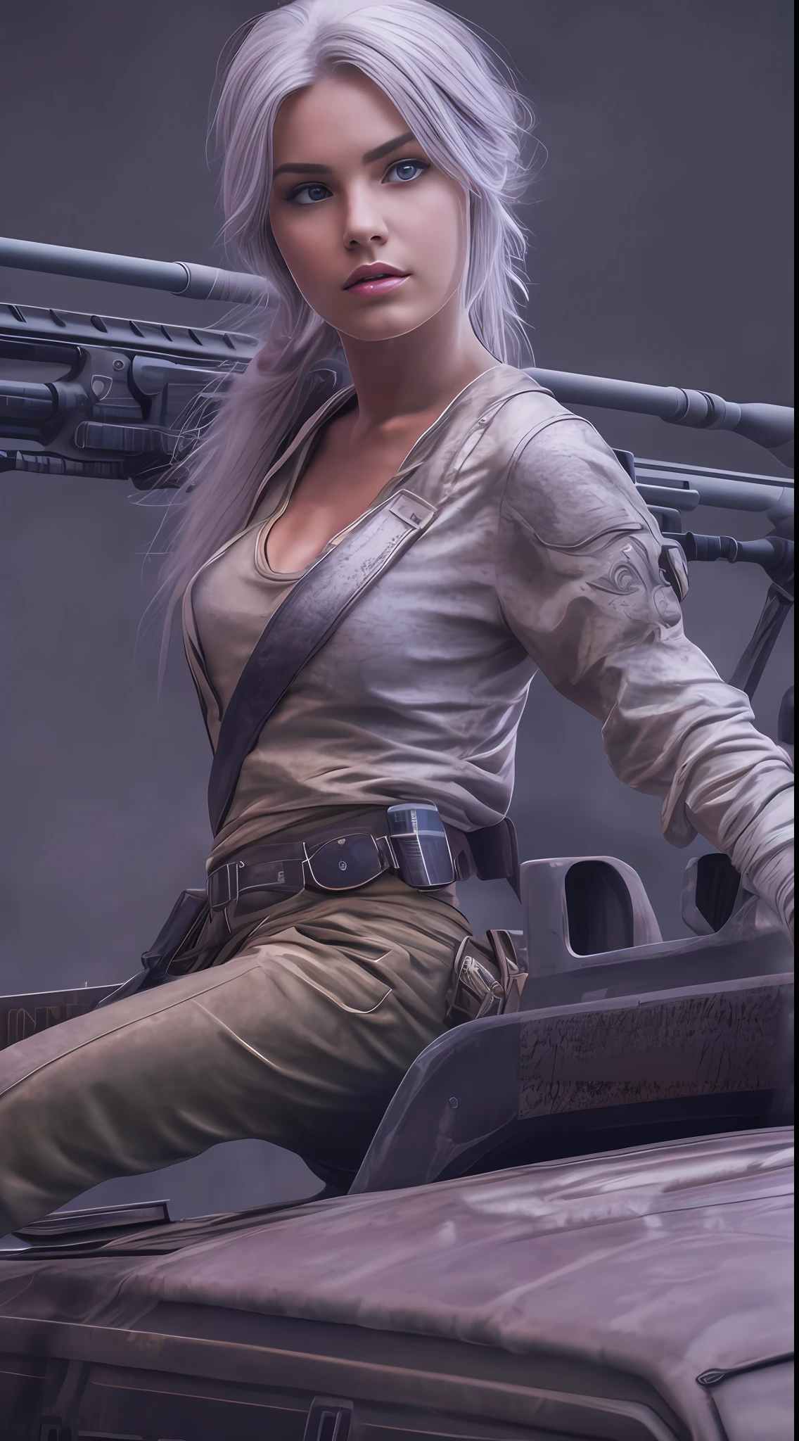 beautiful sniper girl , on the jeep, silver hair, split ponytail, Conceptual art, best photo shot, glowing light, realistic, UHD, textured skin, masterpiece, anatomically correct, best quality, 8k, full body,