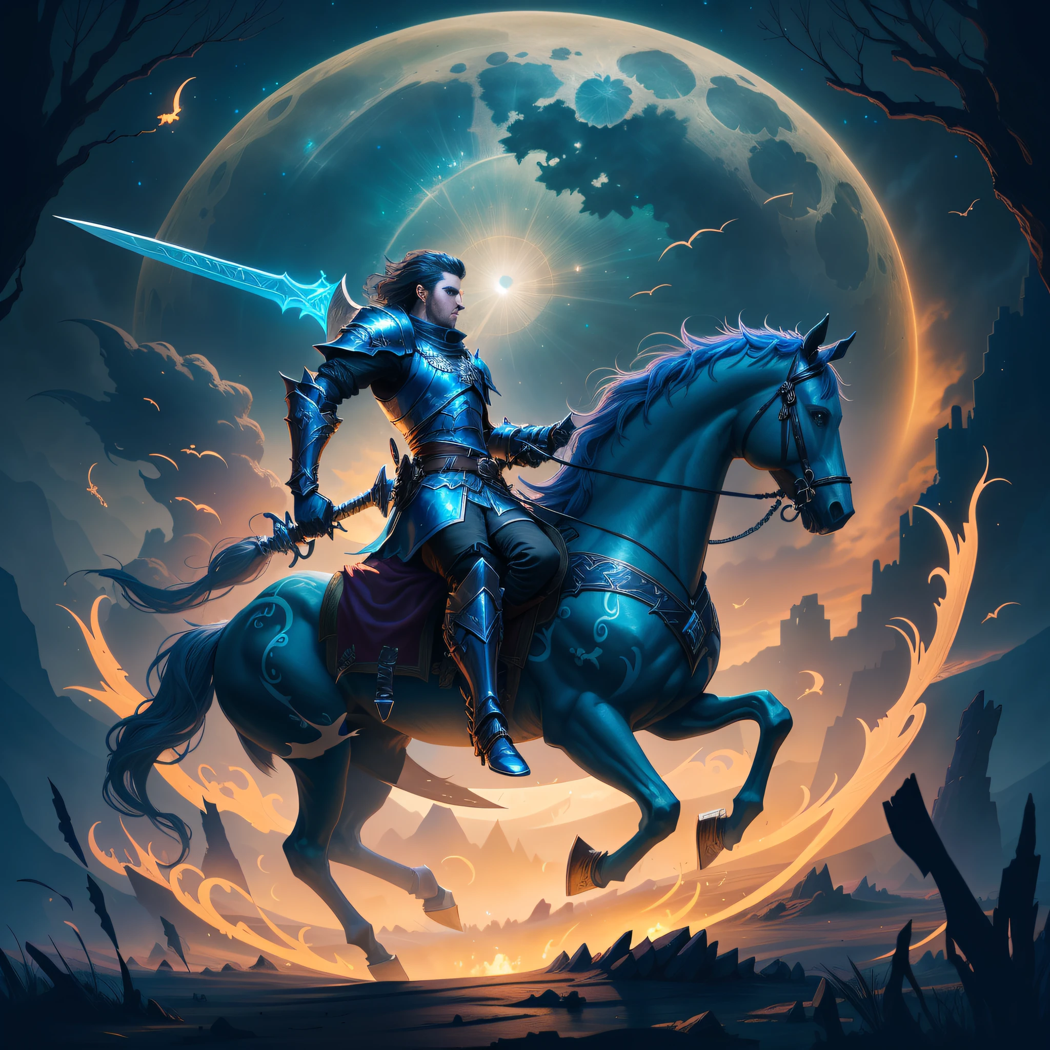 There was a man riding a horse in the moonlight，With a sword, Epic fantasy digital art style, Epic fantasy art style, Epic fantasy art style HD, fantasy rpg book illustration, Epic fantasy style art, the rider carries a large sword, full portrait of magical knight, epic fantasy illustration, epic fantasy novel cover art, Fantasy art Behance, fantasy knight