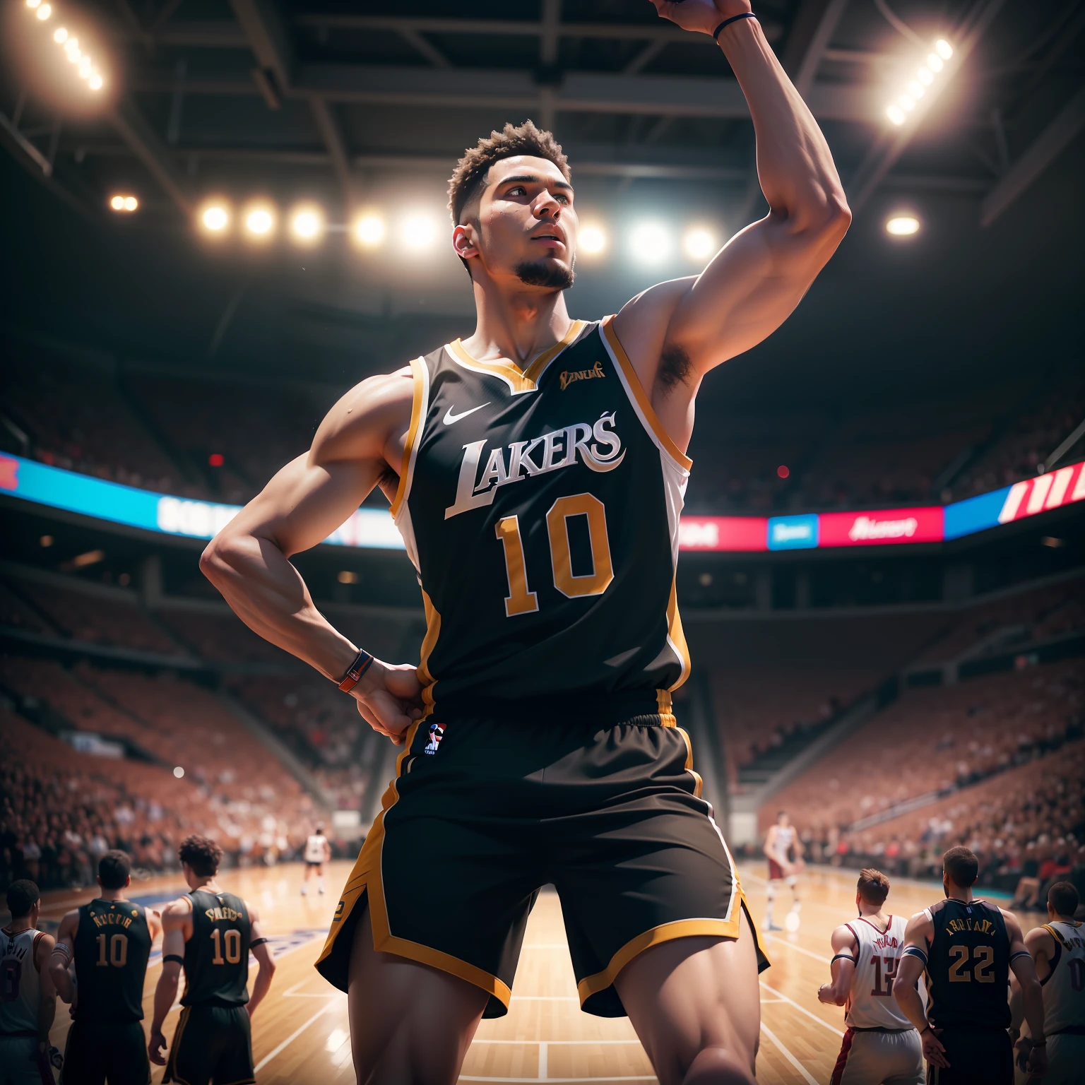 Utilizing the Unreal Engine, generate a visually cinematic sports photography low angle image of a basketball player beating his opponents to make a potentially last seconds game winning 3 points attempts during the NBA Finals game 7, in rich detail and textures. Volumetric lighting with ray tracing, sharp visuals, 16K resolution, cinematic lighting and screenshot, bokeh background with noise mimicking an actual images shoot on film camera. --s 50 --style raw