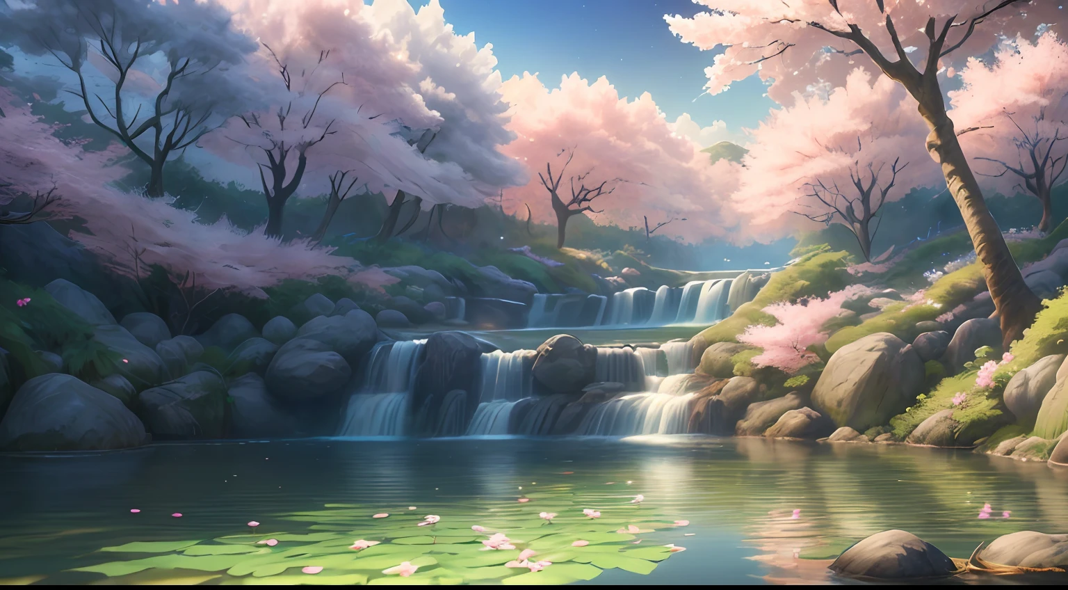 Masterpiece, best quality, (very detailed CG unified 8k wallpaper) (best quality), (best illustration), (best shadow) Vivid colors, jungle, water, natural beauty, oasis of tranquility, cherry blossom trees, blue sky Ray tracing, super detailed , ancient porcelain, jade, starry sky, ,Ultra-Wide Angle --v6