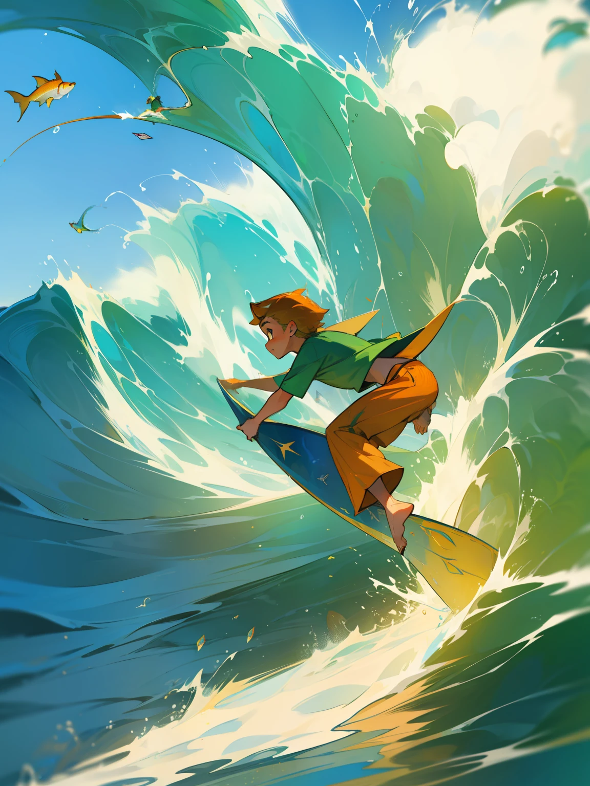 fantasy fish with golden color, a lot of fish flying, boy wearing a green shirt and orange pants, a boy riding a fantasy fish on a blue wave in the ocean, concept art of a single boy surfing with fantasy fish, fantasy fish surfed by a boy, surfing, tsunami behind him