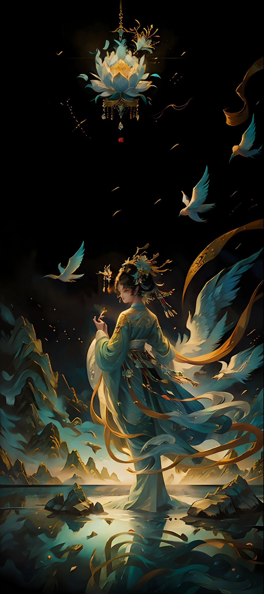 offcial art，Chinese goddess，Stand in the midst of a magnificent landscape，The sun overhead，Dressed in gorgeous fairy outfits，Fold your hands，Overlooking the mountains，The lake is turquoise。Birds sing，Flowers bloom，（Extremely detailed：1.4），tmasterpiece，super-fine，best qualtiy，8K分辨率，