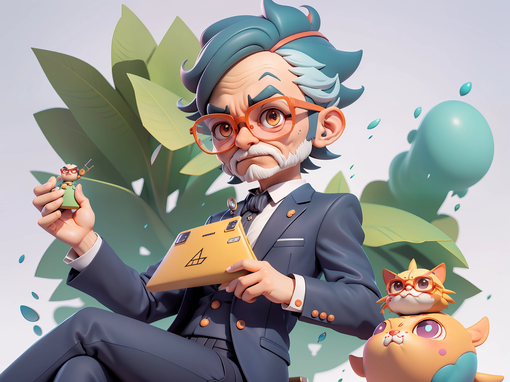 A young man in formal clothes,Short hair and glasses,Sitting at your desk,holding laptop,digitial painting,cartoonish style,4K HD illustration,Very detailed facial features,tigre,Mark Clairdon,by Pixar,3D character design:Hayao Miyazaki and Akira Toriyama, Cartoon-style visuals。