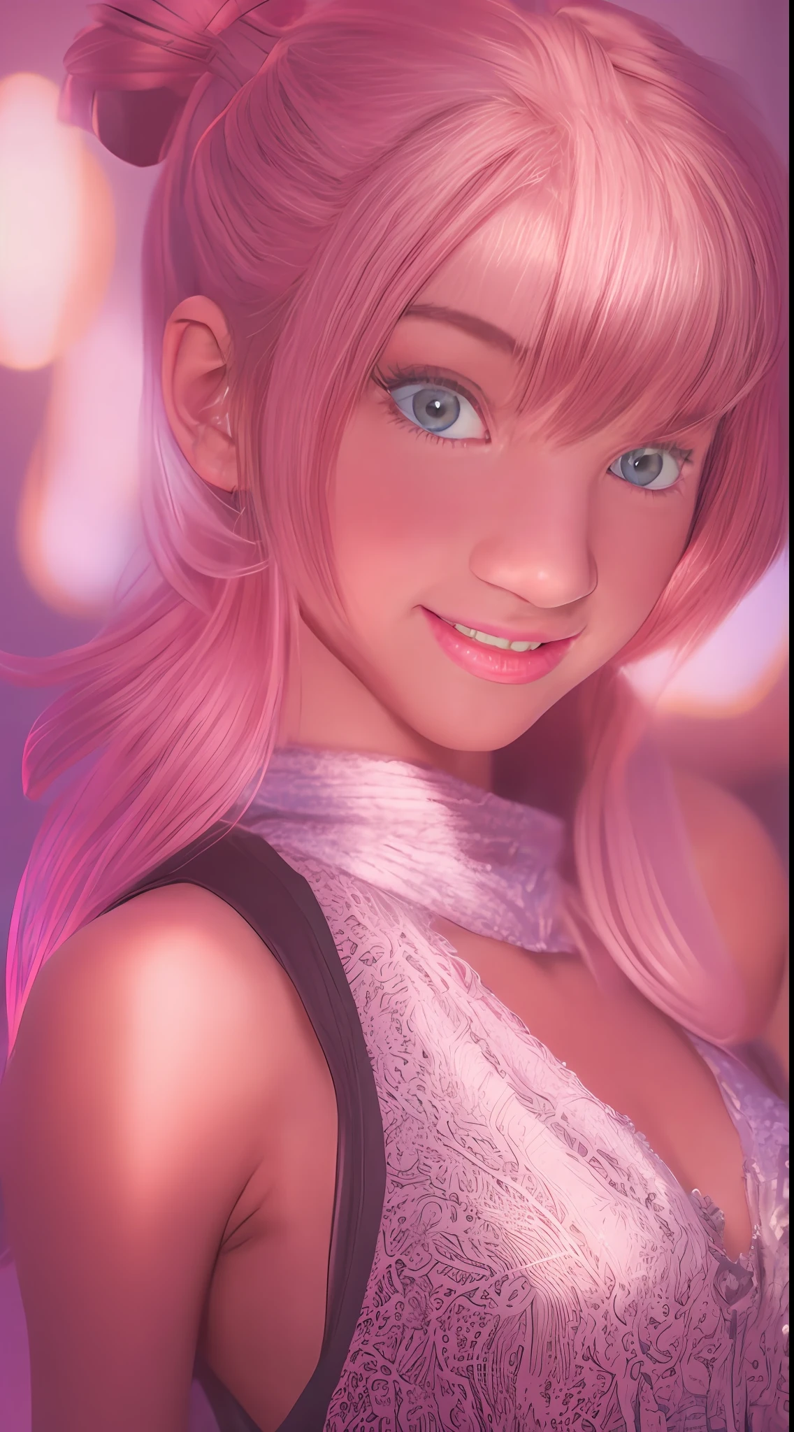 night scene, close up photo of a sexy naked girl, posing, look at a camera and smile, pink ponytail hair, (green eyes:0.8), cute young face, 18 yo, soft volumetric lights, (backlit:1.3), (cinematic:1.3), intricate details, (ArtStation:1.2)