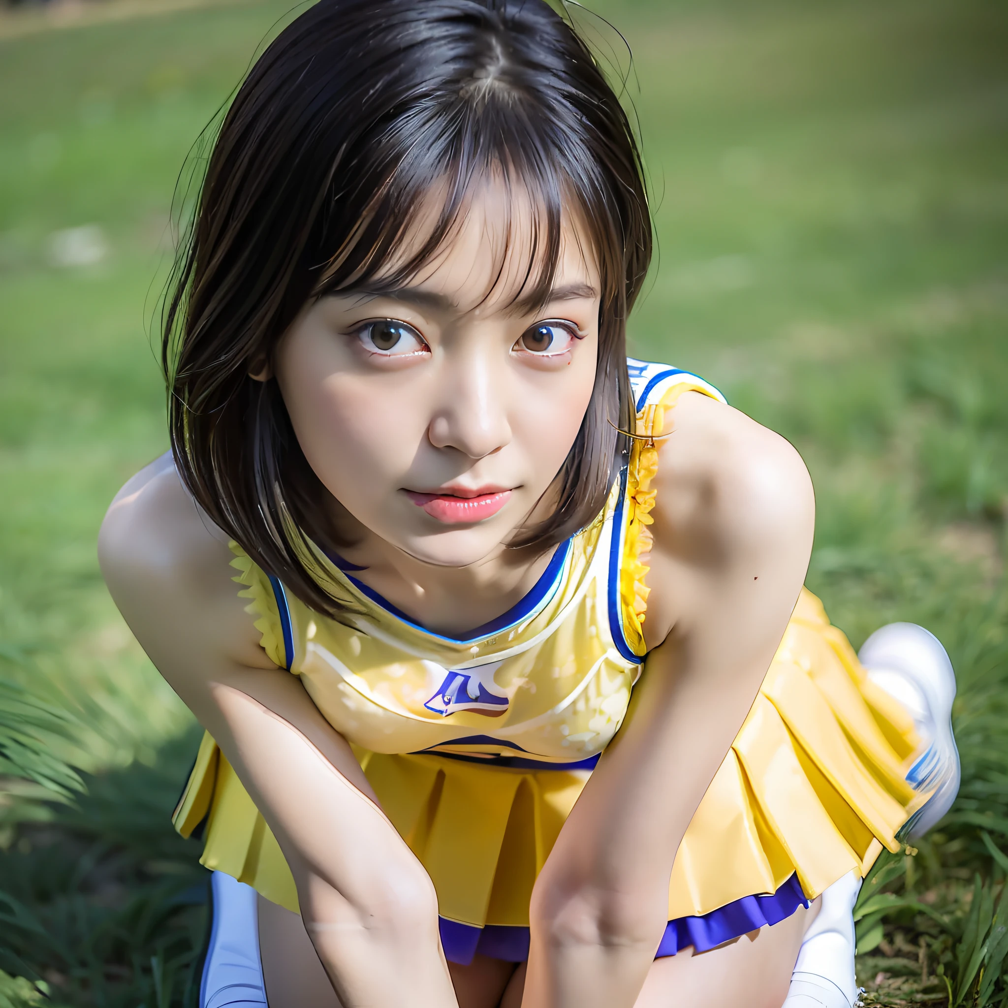 (Best Quality, masterpiece, Ultra High Resolution, (Photorealistic:1.4), Raw photo), (1girl, angle from below, close-up of between legs, looking down for viewer), (cheerleader, yellow pleated skirt, white lace panties), 12 years old, Black medium bob hair, Very beautiful legs, Very beautiful tights, Dynamic Pose, beautiful and shiny skin, very beautiful face