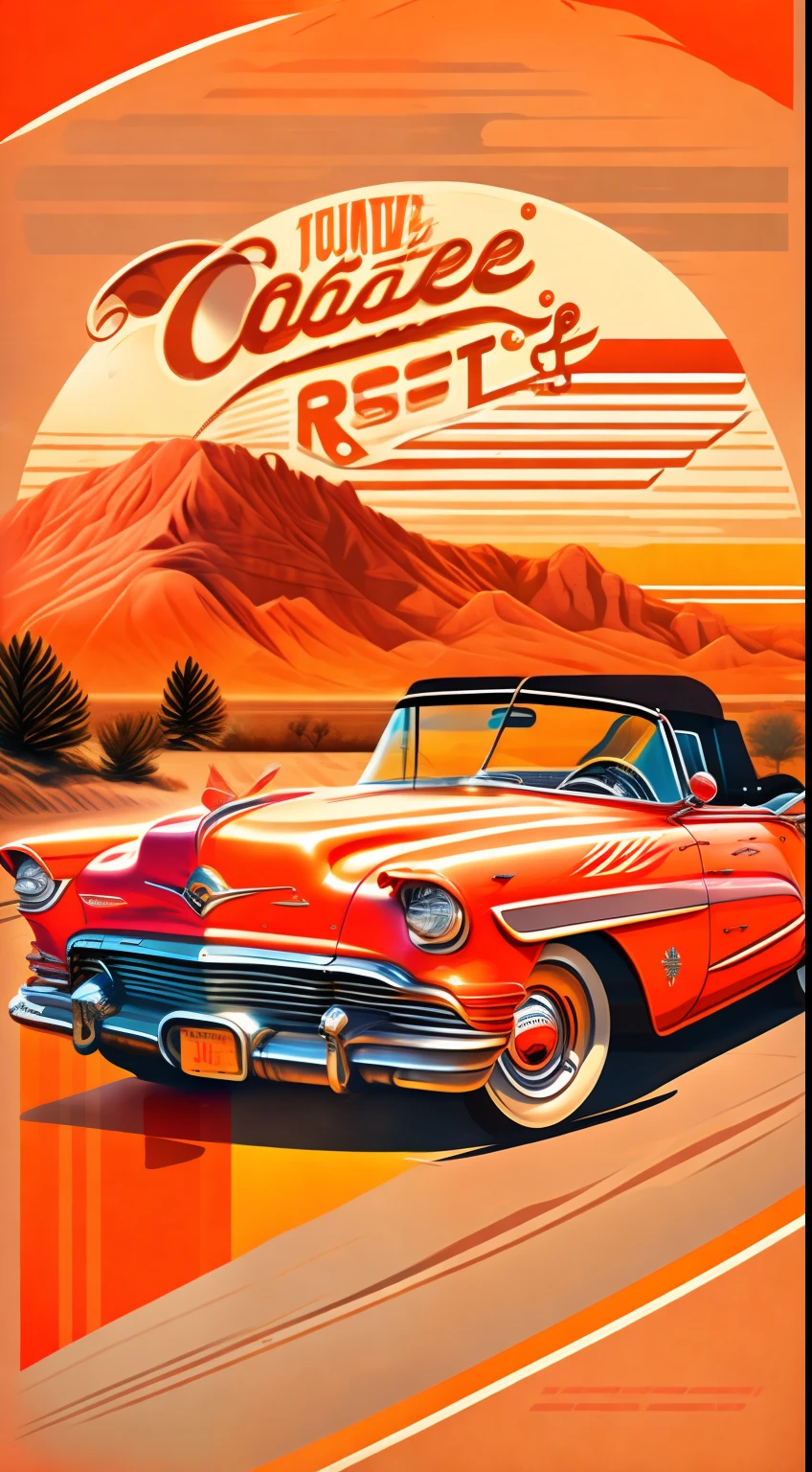 T-shirt design，vectorial art，The United States has Route 66，The road is long，There is a coffee shop on the side of the road，There is a convertible in the middle of the picture，There were three people in the convertible，The people in the convertible were dressed in rock costumes from the eighties，Orange-red tones