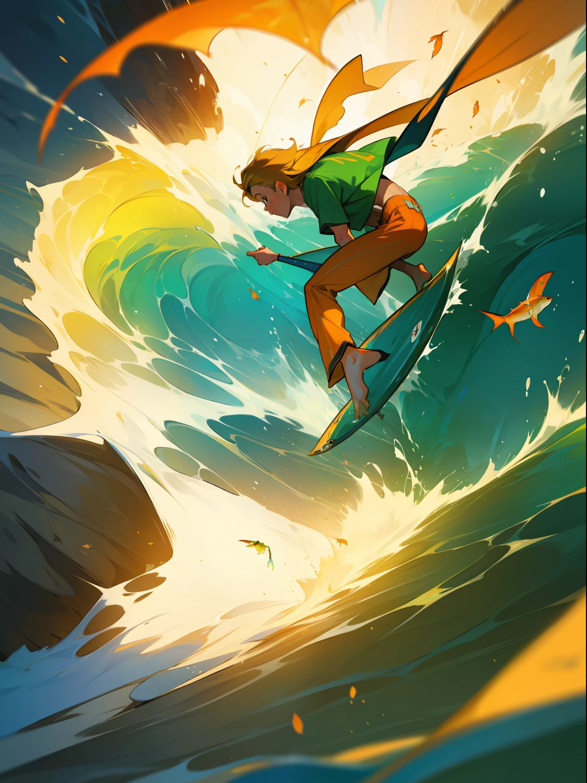 fantasy fish with golden color, a lot of fish flying, boy wearing a green shirt and orange pants, a boy riding a fantasy fish on a blue wave in the ocean, concept art of a single boy surfing with fantasy fish, fantasy fish surfed by a boy, surfing, tsunami behind him