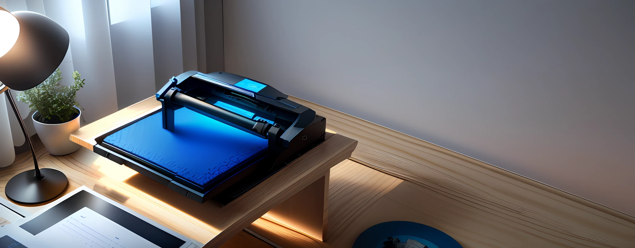 There is a blue table,There is a printer and a lamp on it, plotter, Large format, accurate and detailed, high resolution print, tabletop model, with 3 d render, iso-distance view, with 3d render, laser cut, Engraved, 3 d product render, Detailed 2D illustration, print!, depicted as a 3 d render, Impresso em 3D, Close portrait,Morning,mid afternoon, 窗帘