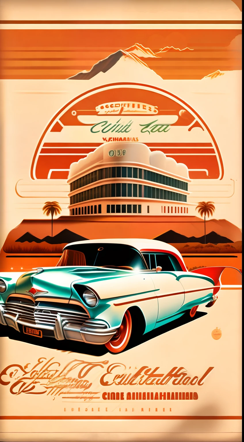 T-shirt design，vectorial art，on Route 66，The road is long，There is a coffee shop on the side of the road，The shape of the coffee shop is a vertical rectangular building，The coffee shop is white，There is a classic car in the middle of the picture，Classic cars don't have roofs，There were three people sitting on the roof of the car ，Orange-red tones