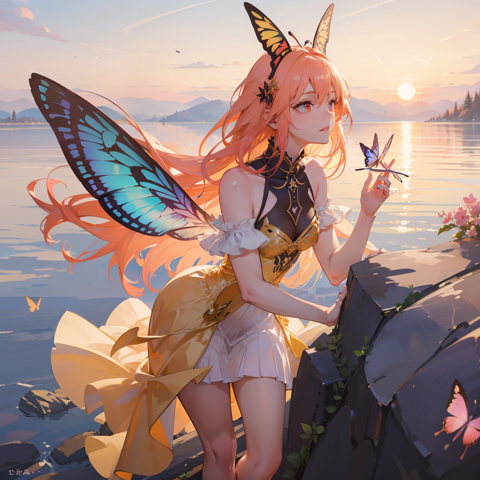 a pregirl，Butterfly wings fluttering，flowing short dress，Hair flutters in the sky，Colorful costumes，Gorgeous hair color，at dusk at golden hour，Sunlight shines on the hair，Presented with extreme sophistication，Ultra-high resolution detail，It's a masterpiece。