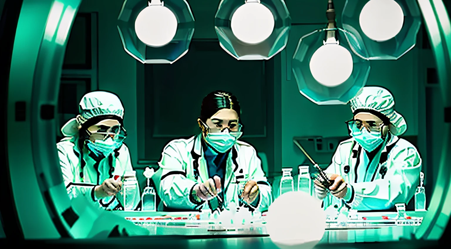 Doctors in a laboratory, looking under the microscope, destroyed environment, broken glass everywhere, realistic image, cinematic, dark, sad doctors.