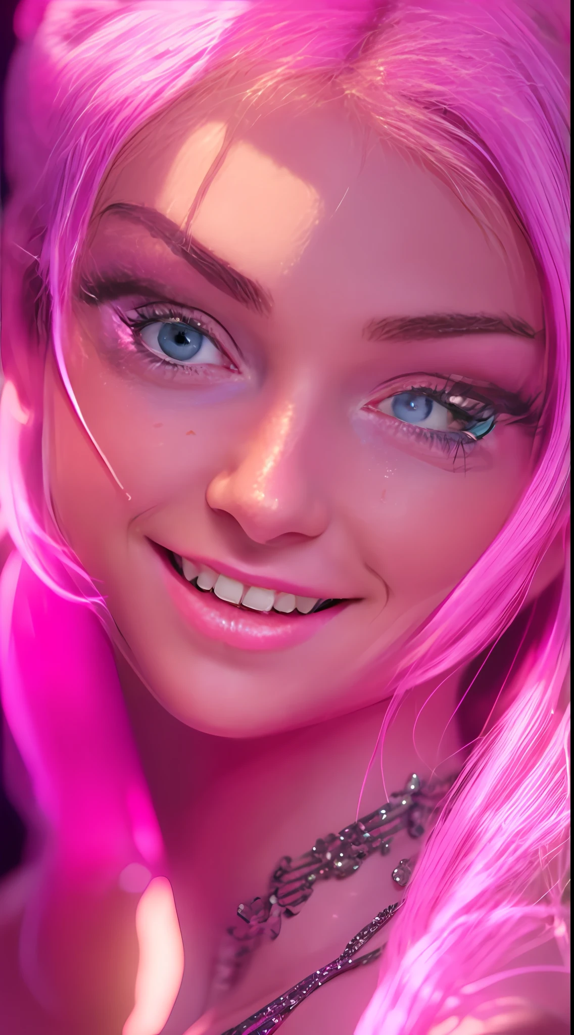 night scene, close up photo of a sexy naked girl, posing, look at a camera and smile, pink ponytail hair, (green eyes:0.8), cute young face, 18 yo, soft volumetric lights, (backlit:1.3), (cinematic:1.3), intricate details, (ArtStation:1.2)